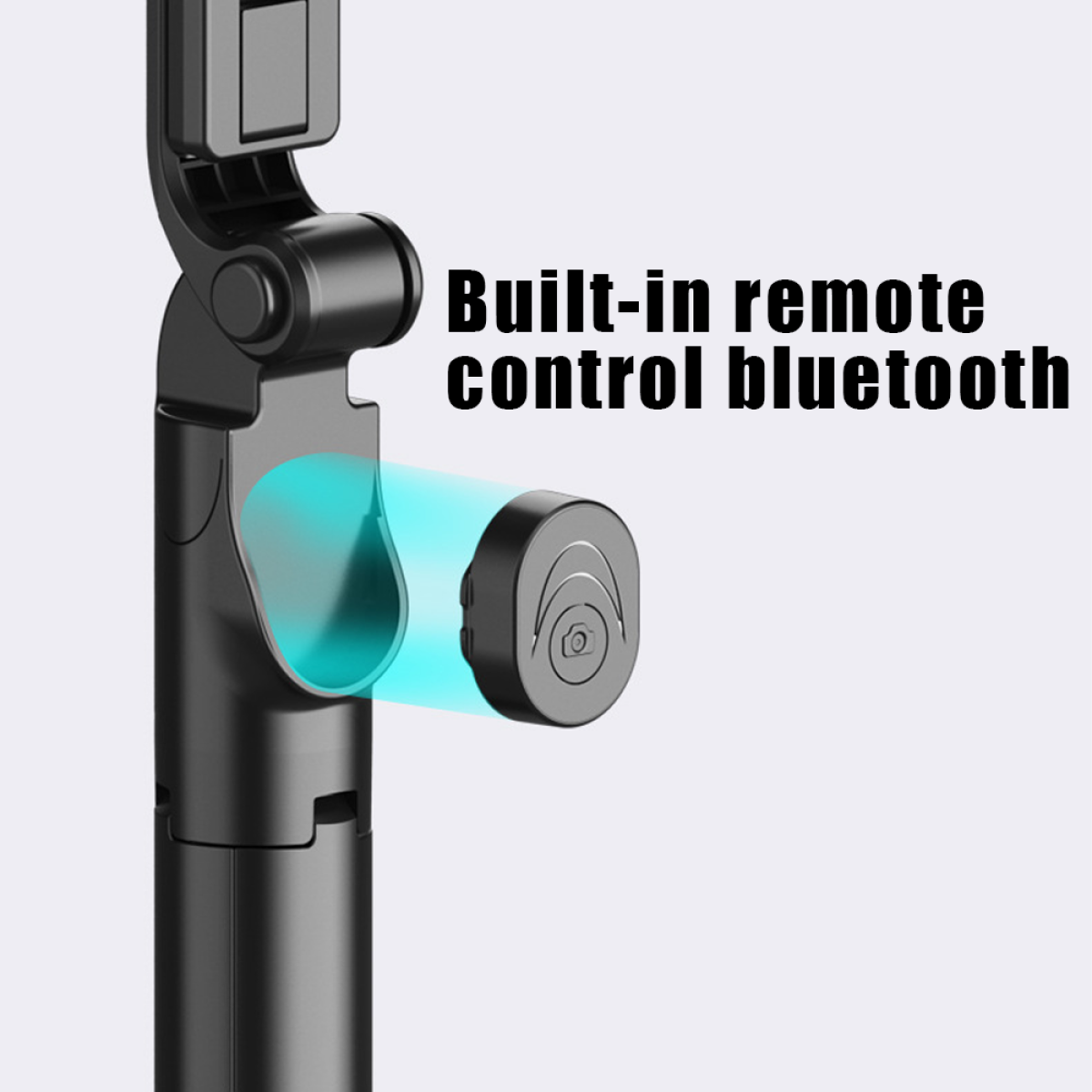 Ein schwarzer Selfie-Stick mit integrierter Bluetooth-Fernbedienung.