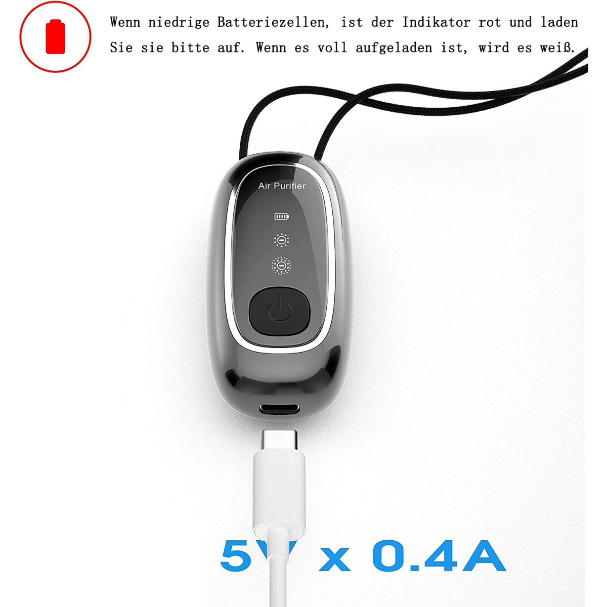 Ein schwarzer und grauer Luftreiniger, der mit einem weißen USB-C-Kabel aufgeladen wird. Oben befindet sich ein rotes Batteriesymbol.