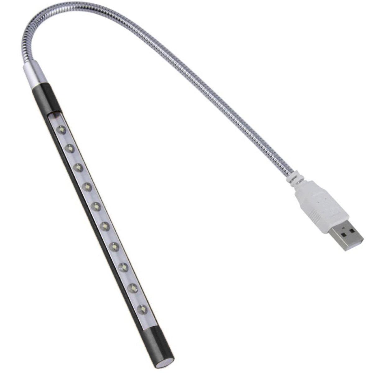 Flexible USB-LED-Lampe mit silberfarbenem Hals und schwarzem Sockel mit USB-Anschluss.