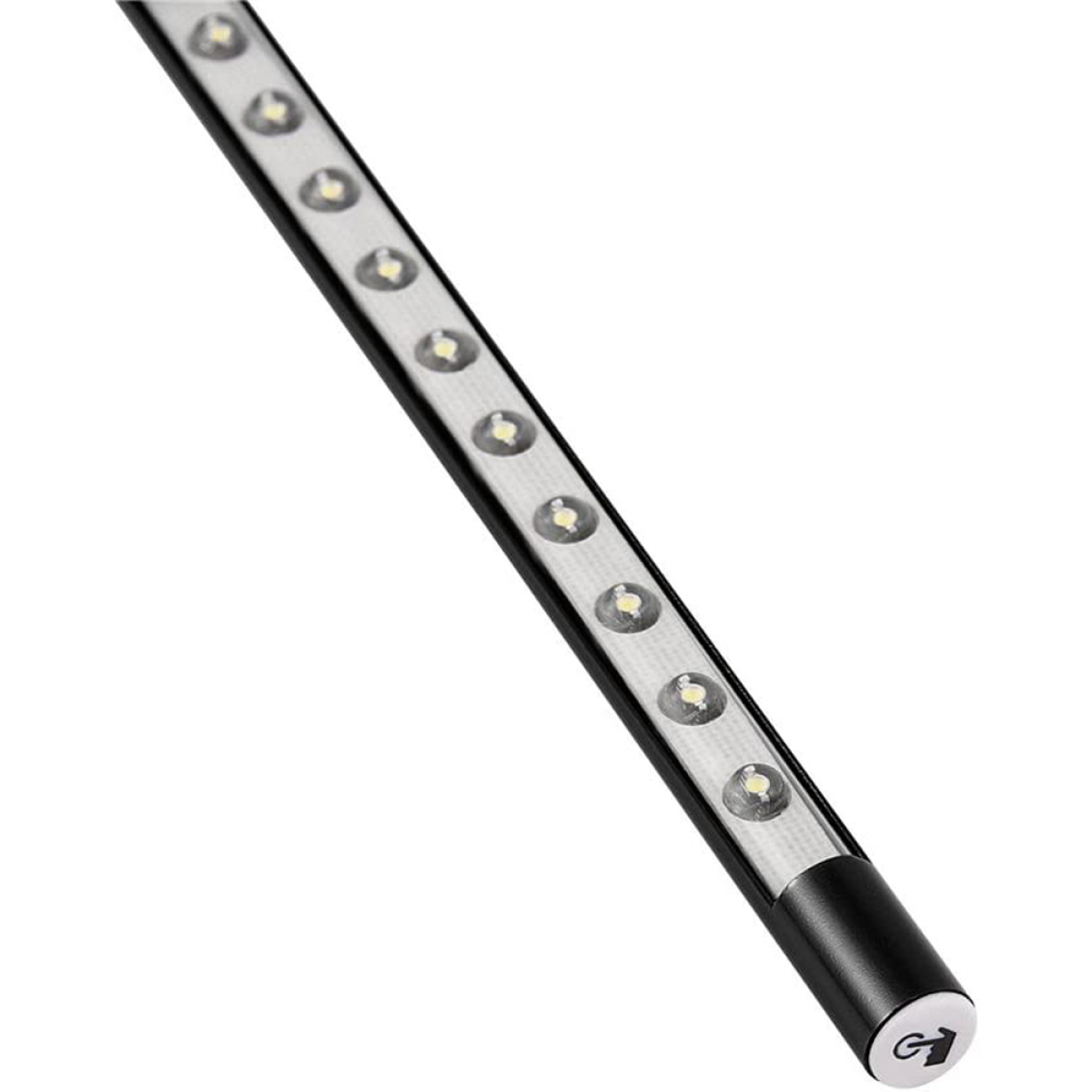 Ein langer, dünner LED-Lichtbalken mit einem schwarzen Ende und mehreren kleinen Lichtern.