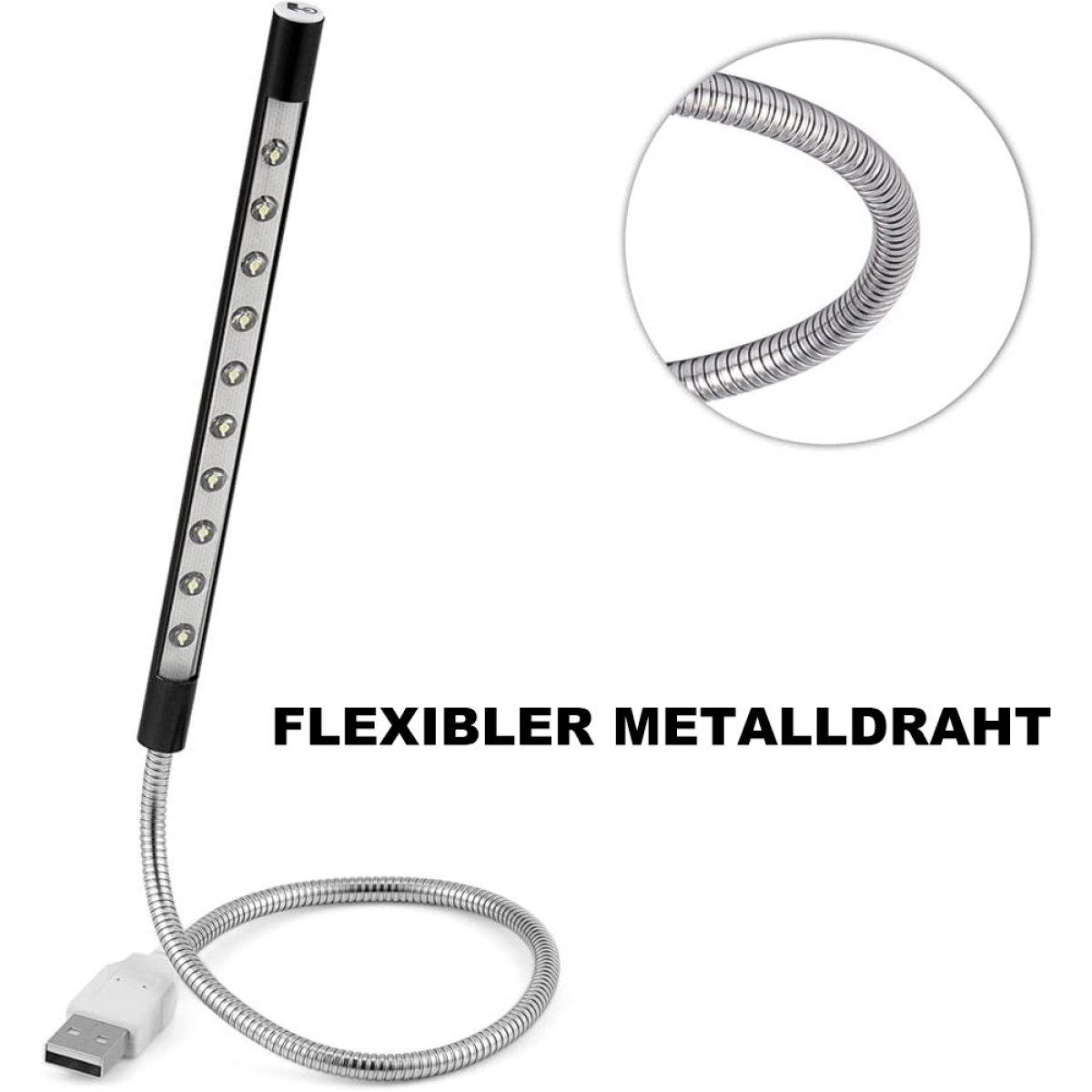 Eine USB-LED-Leuchte mit flexiblem Metallarm und mehreren LEDs.