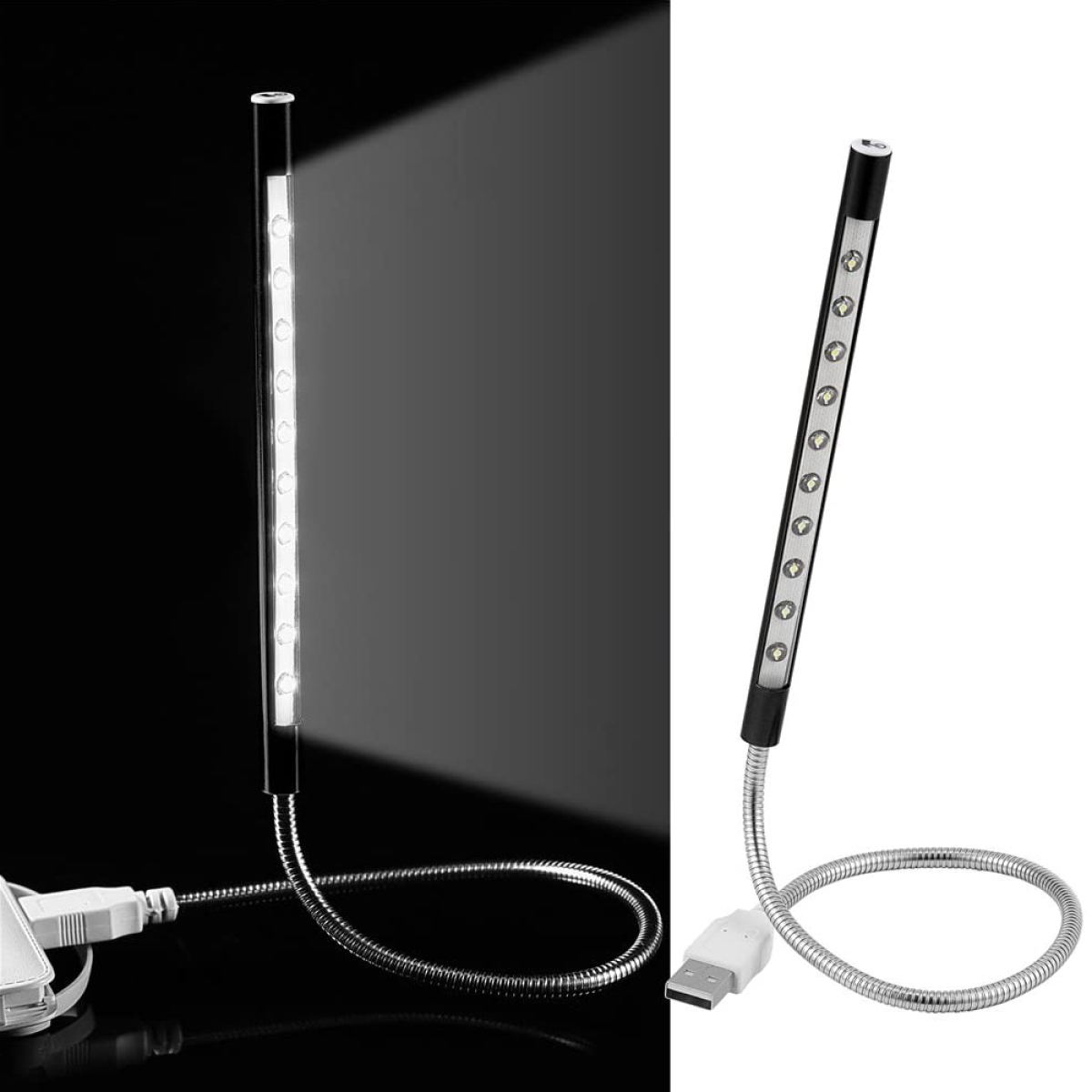 Zwei flexible USB-LED-Leuchten. Eine ist an, die andere aus. Beide haben einen USB-Anschluss und einen Schwanenhals.
