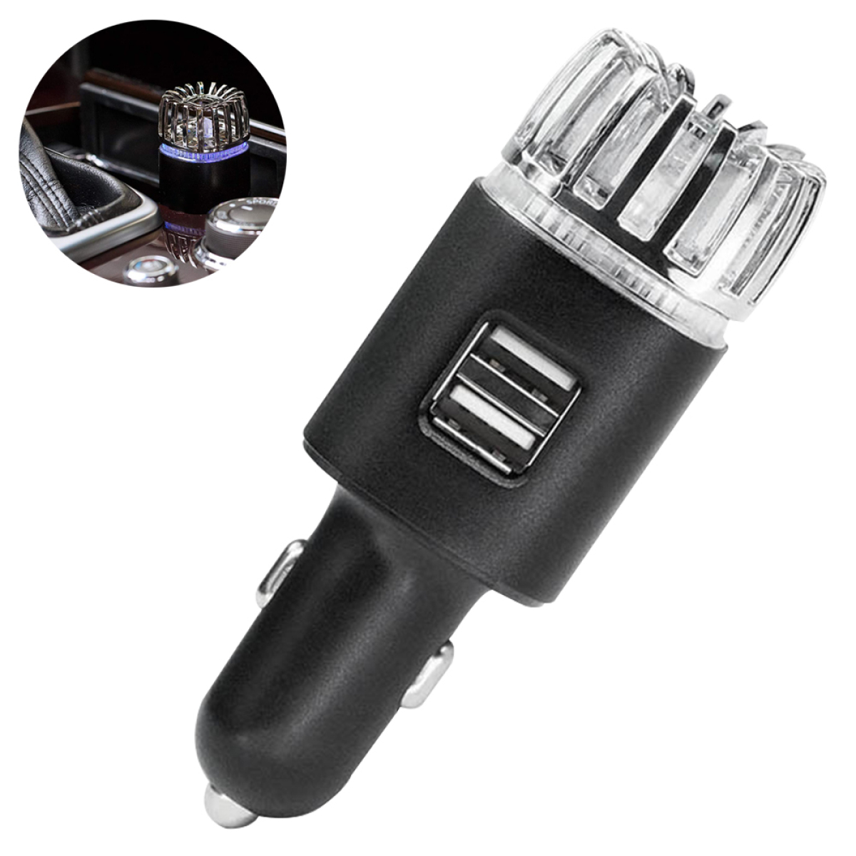 Schwarzes Auto-USB-Ladegerät mit zwei USB-Anschlüssen und einer durchsichtigen, beleuchteten Oberseite. Kleines silbernes Zubehör.