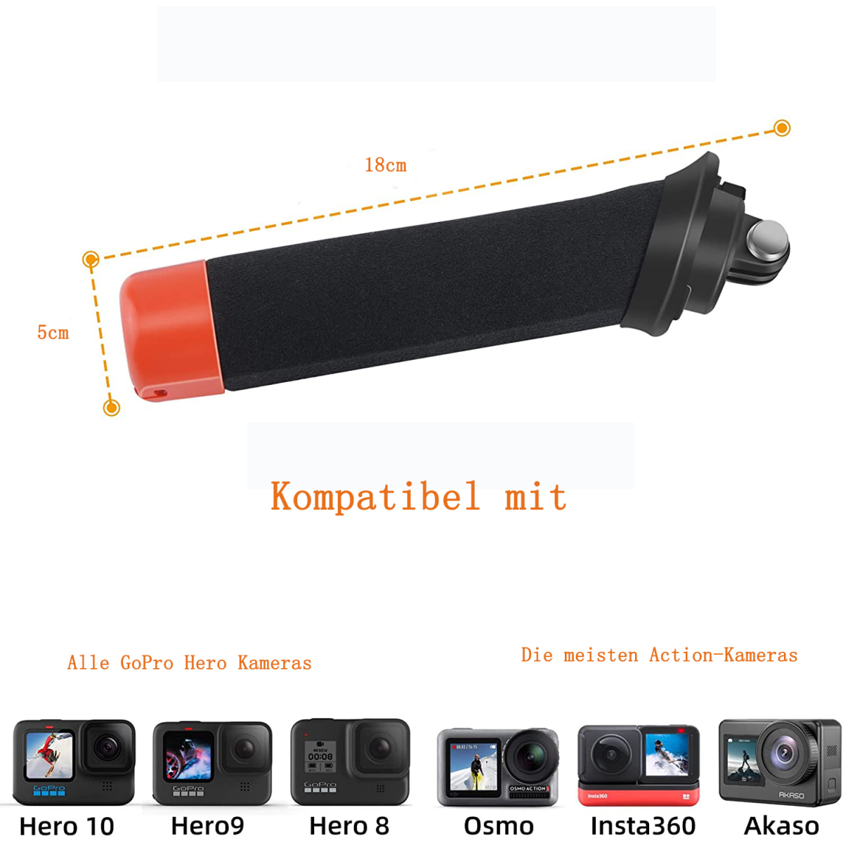 Kameragriff mit Maßen, kompatibel mit GoPro und anderen Actionkameras. Weißer Hintergrund.