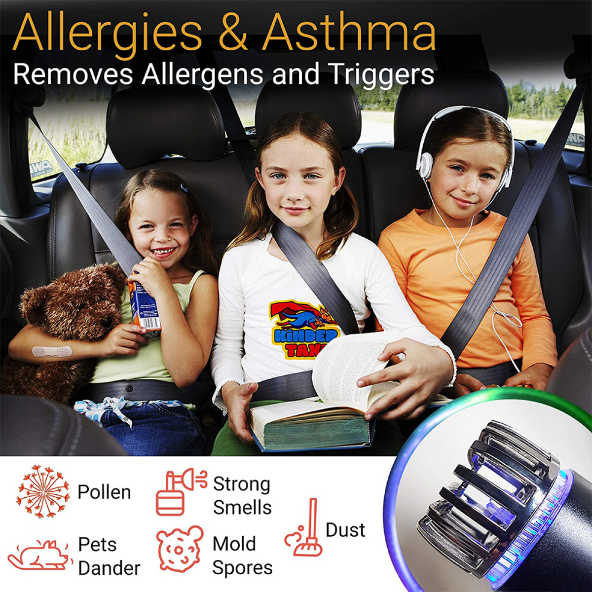 Kinder im Auto, mit Text über Allergien und Asthma und Symbolen von Allergenen.