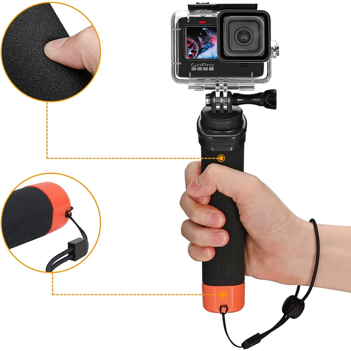 Eine Hand, die eine GoPro-Kamera mit einem schwimmenden Griff hält.