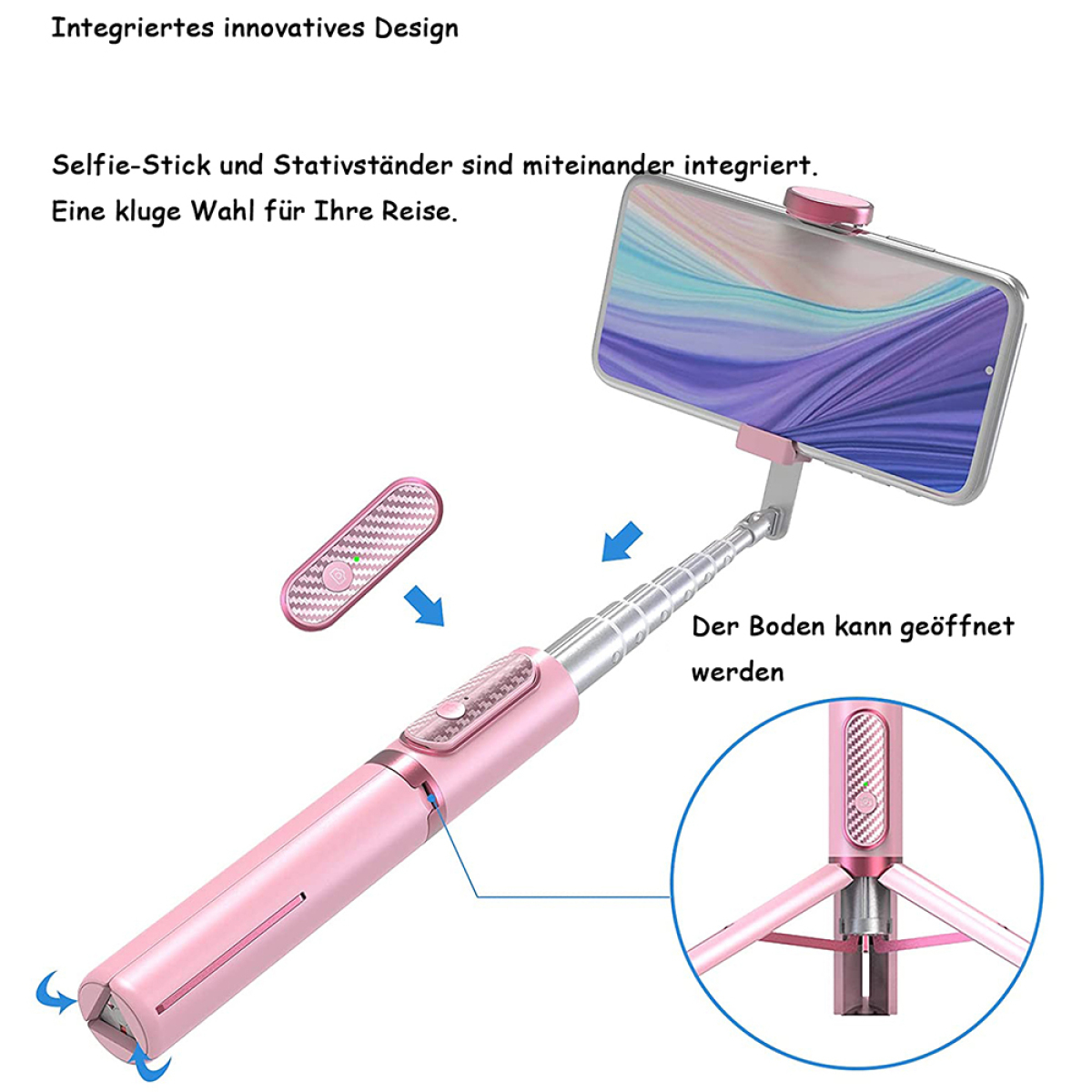 Ein rosa Selfie-Stick mit einem Telefon oben drauf. Der Stick hat eine Fernbedienung und ein Stativ.