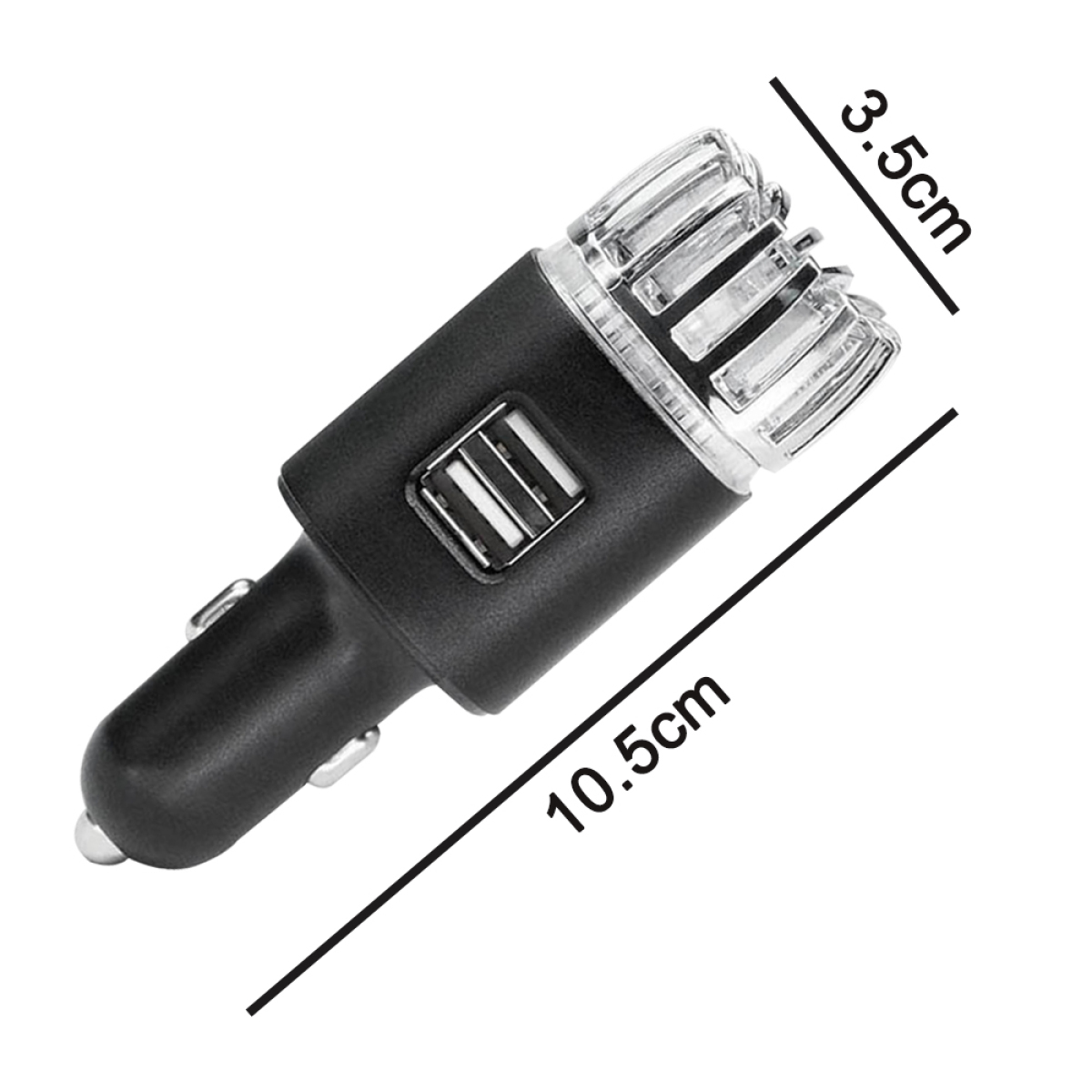 Schwarzes Autoladegerät mit zwei USB-Anschlüssen und einem klaren, geriffelten Licht. Abmessungen sind angegeben.