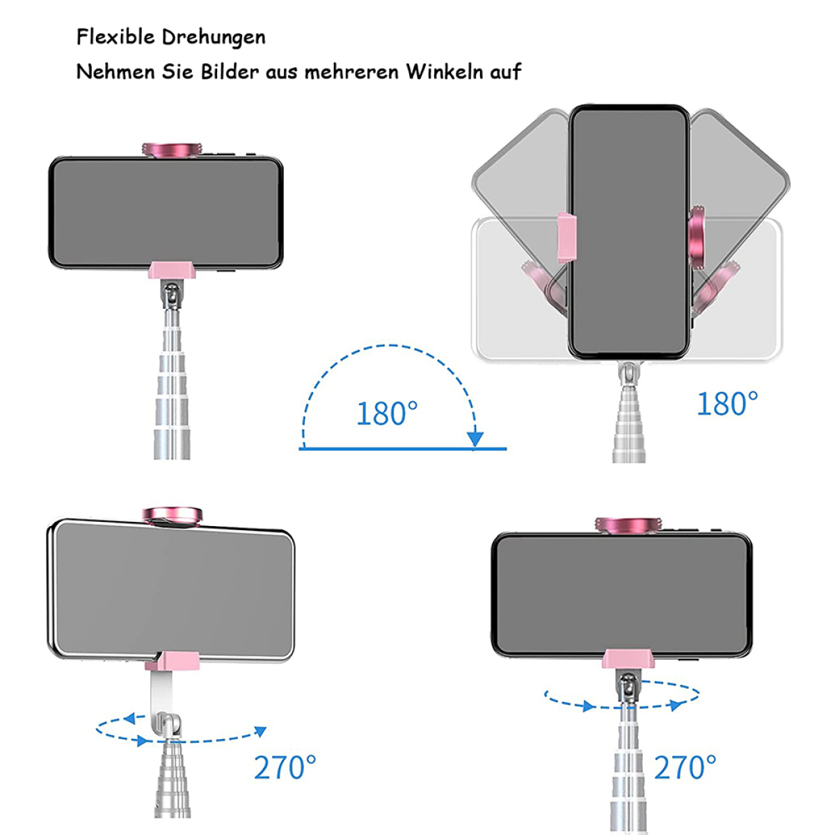Diagramm, das ein Telefon zeigt, das an einem Selfie-Stick befestigt ist und sich in verschiedenen Winkeln dreht.