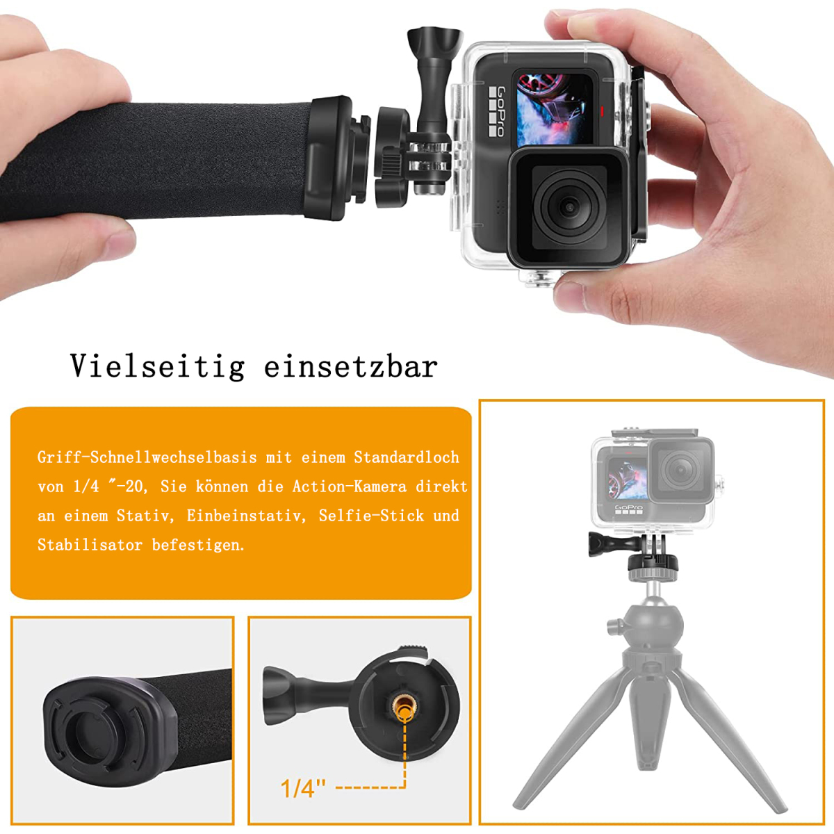 GoPro-Kamera mit Zubehör, einschließlich Handgriff und Stativ. Text auf Deutsch.