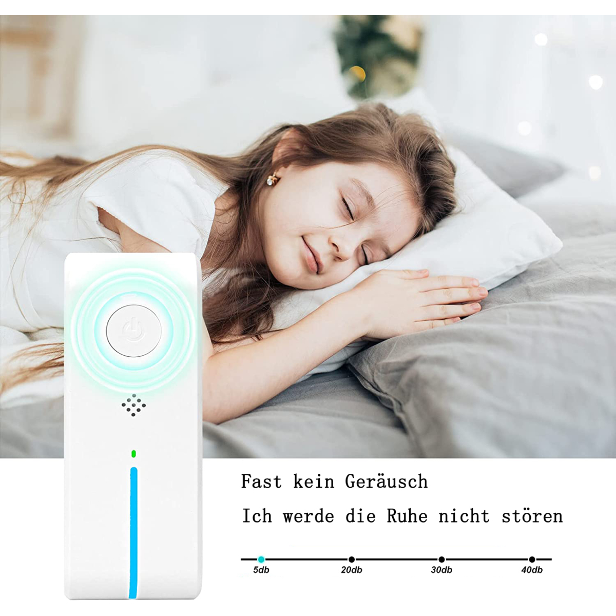 Ein Mädchen schläft auf einem Bett neben einem weißen Gerät mit einem Ein-/Ausschalter.