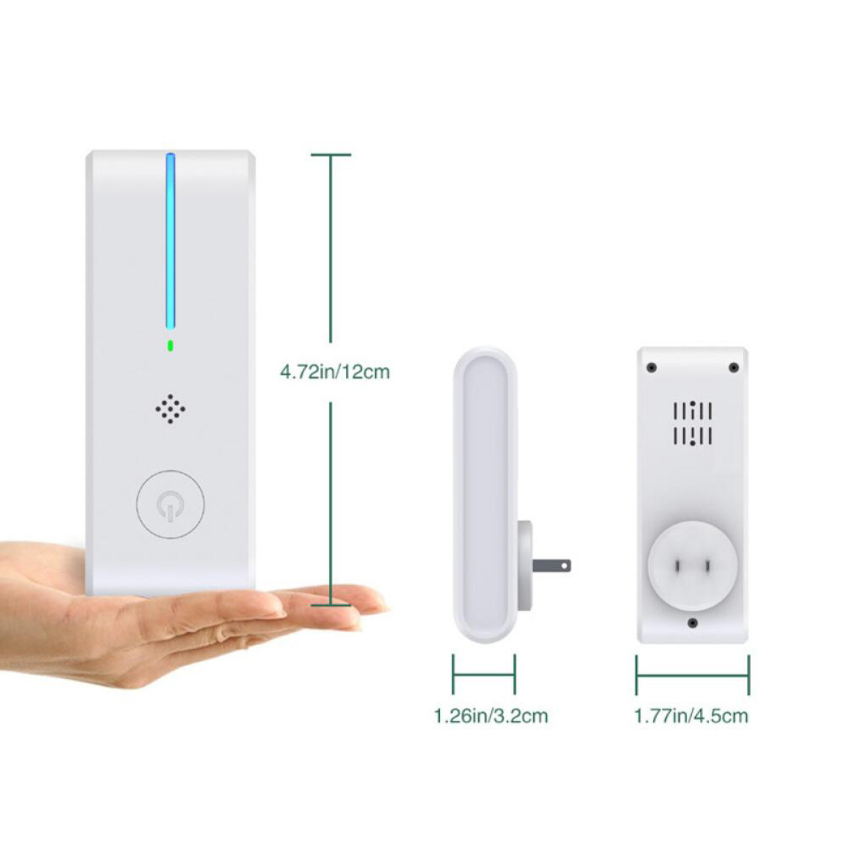 Ein weißes Plug-in-Gerät mit einem Licht. Es hat Abmessungen von 12 cm/4,72 Zoll Höhe, 3,2 cm/1,26 Zoll Breite und 4,5 cm/1,77 Zoll Länge.