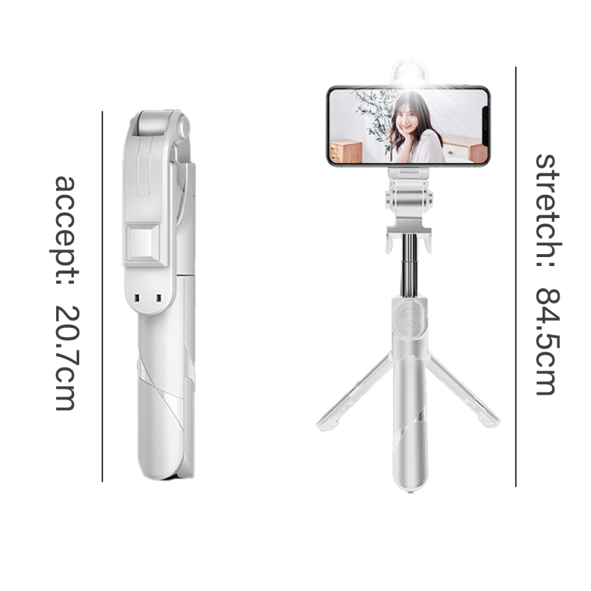 Ein weißer und silberner Selfie-Stick, geschlossen und ausgefahren, mit angezeigten Abmessungen.