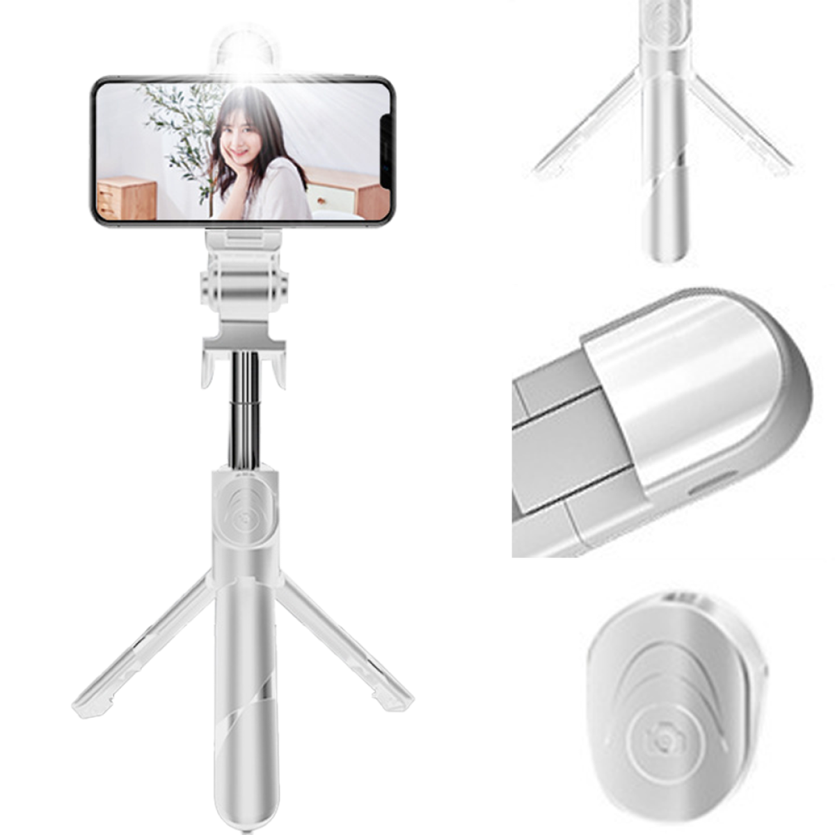 Telefon auf einem Ständer mit einem Frauenbild und verschiedenen Zubehör.