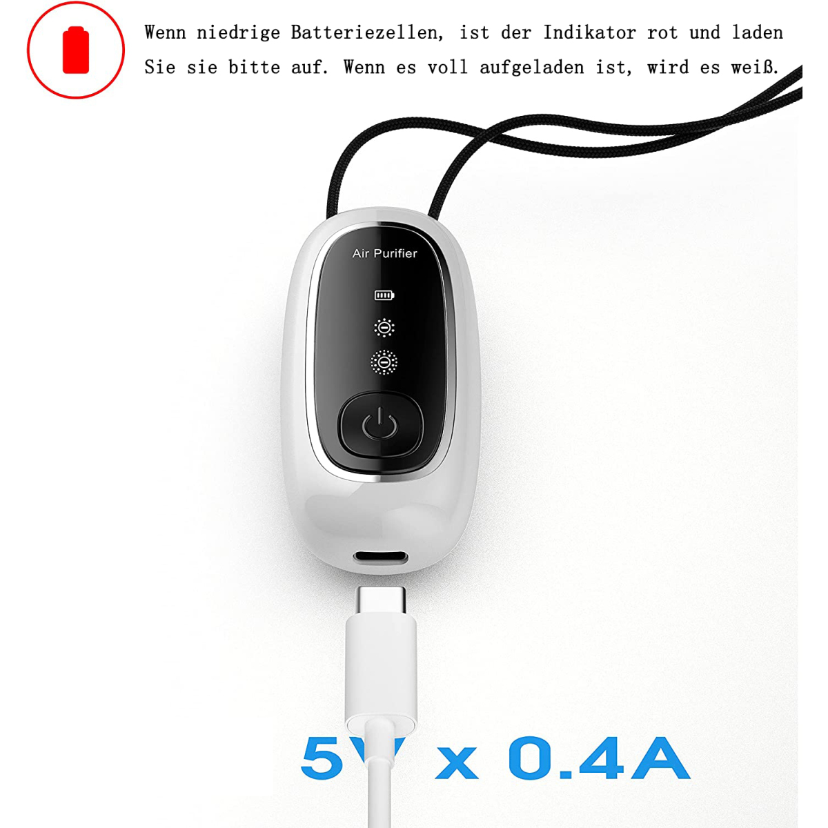 Ein weißer Luftreiniger mit einem Ladekabel. Die Batterieanzeige ist rot.