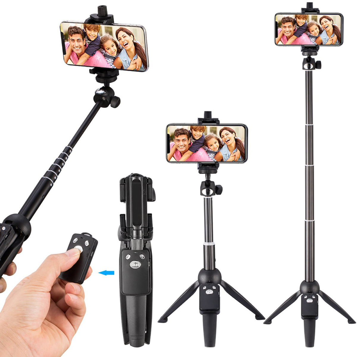 Selfie-Sticks mit angebrachten Telefonen, die verschiedene Konfigurationen zeigen.