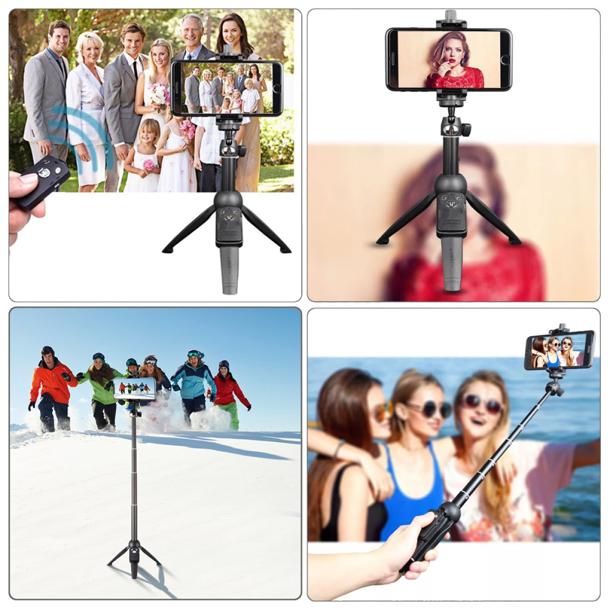 Mehrere Bilder: Personen, die Fotos mit einem Smartphone auf einem Stativ und Selfie-Sticks in verschiedenen Umgebungen aufnehmen.