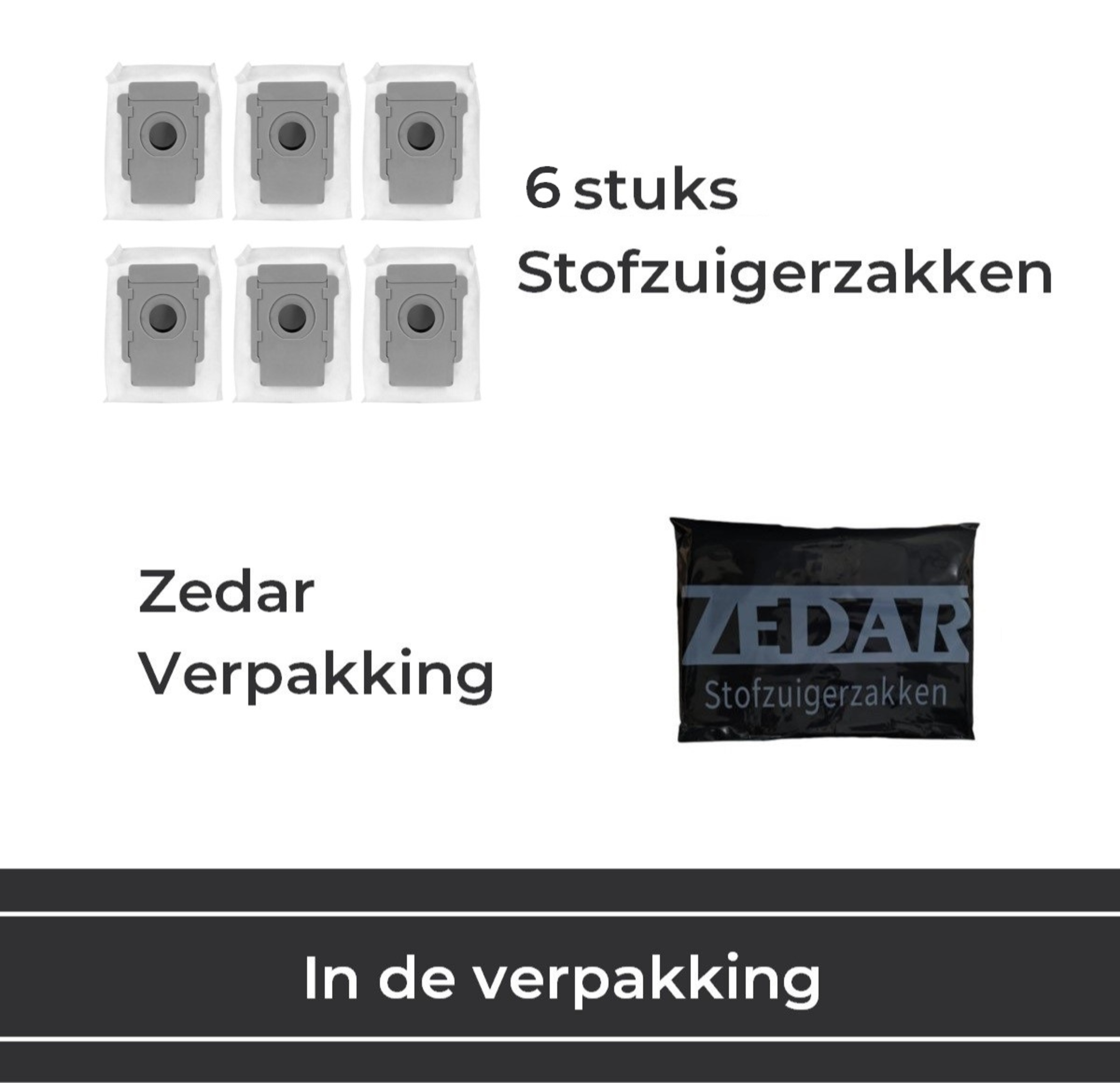 Stofzuigerzakken in verpakking. Zes grijze zakken zijn zichtbaar, met de Zedar-verpakking.