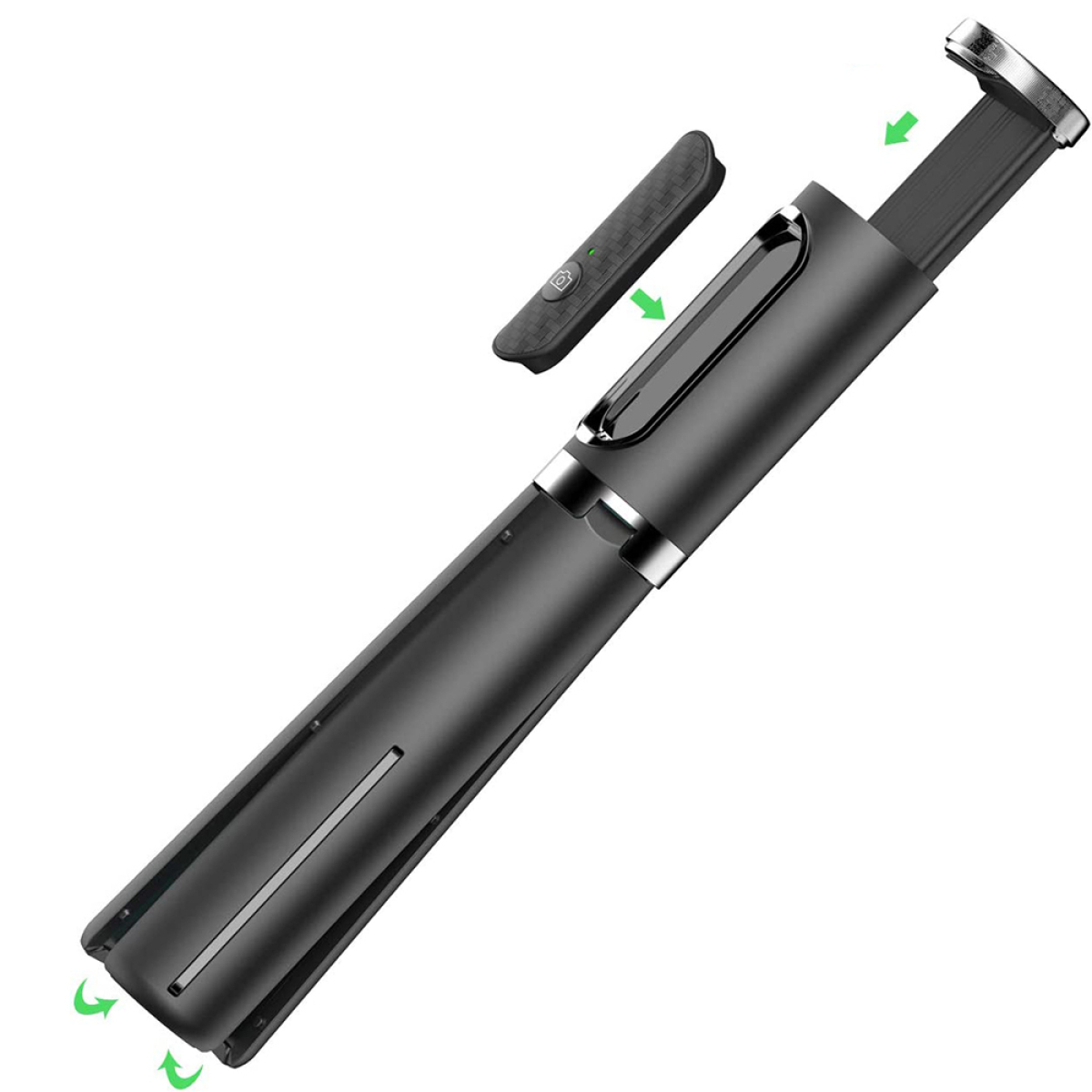 Ein schwarzer Selfie-Stick in kompakter Form, mit abnehmbarer Fernbedienung, vor weißem Hintergrund.