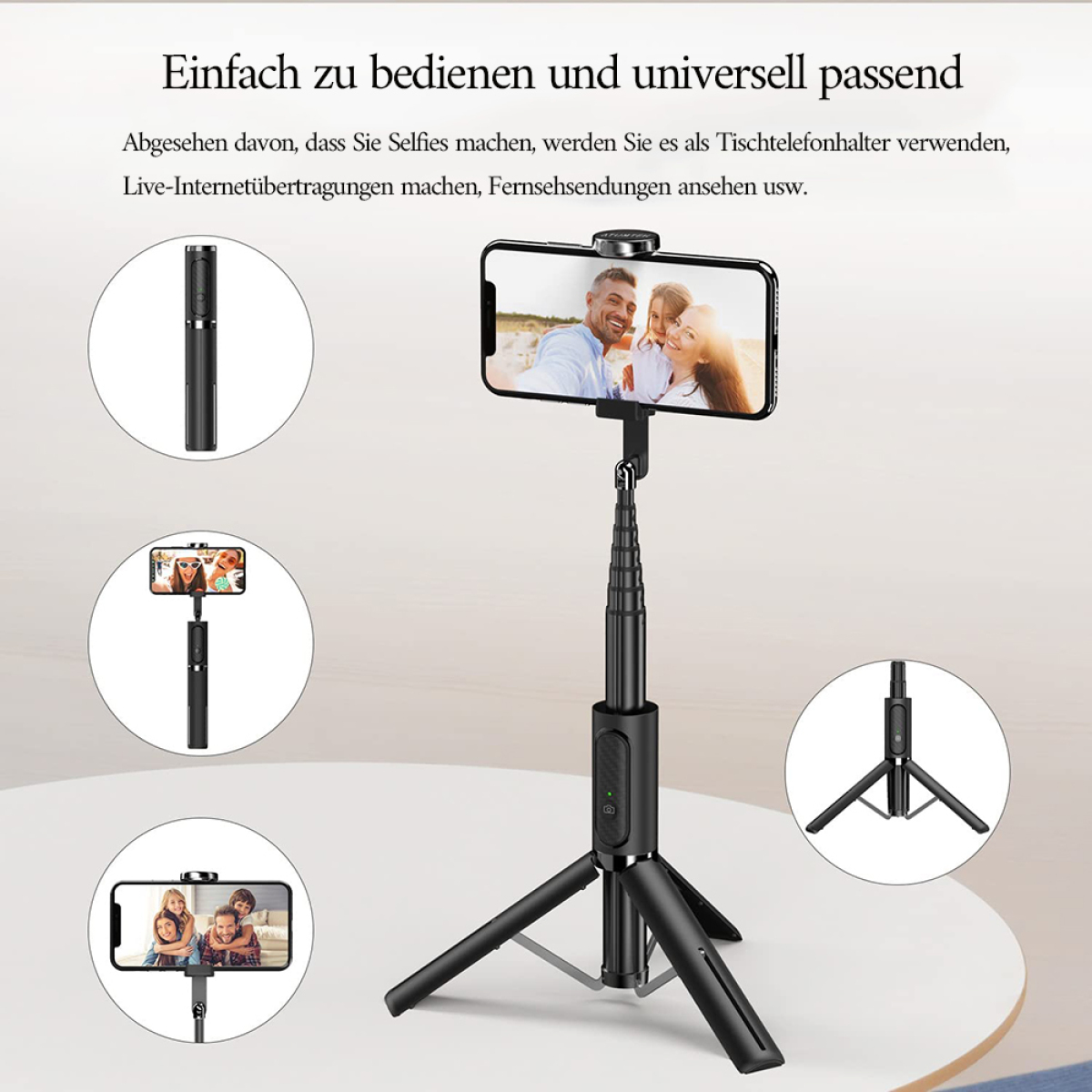 Ein Selfie-Stick mit Telefon und drei weiteren Produktfotos. Schwarzer Stick und Stativ.