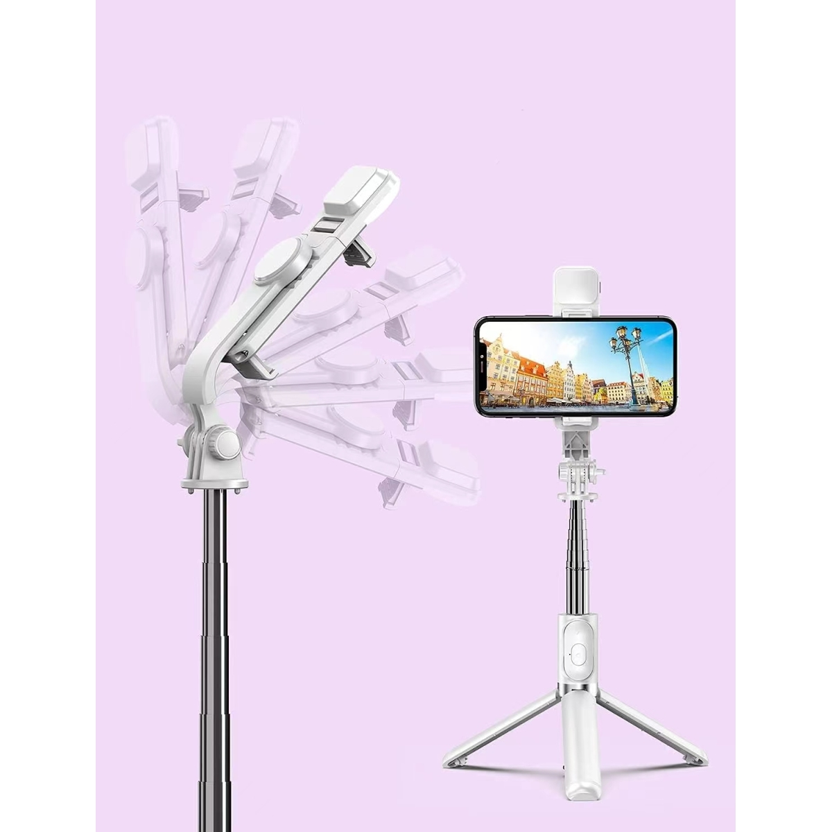 Weißer Selfie-Stick mit Telefon, verschiedene Winkel vor rosa Hintergrund.