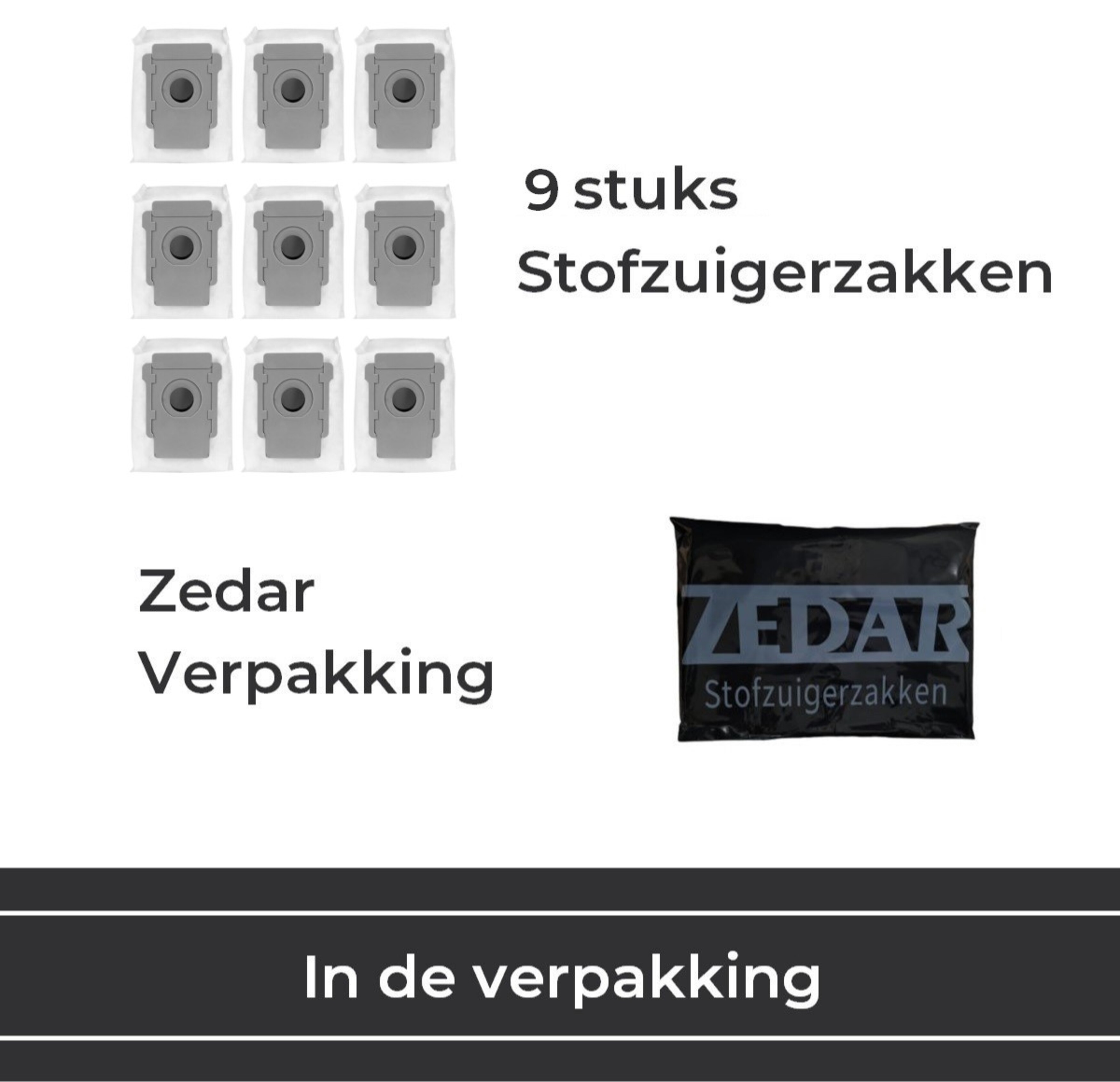 Negen stofzuigerzakken in een verpakking, met tekst in het Nederlands.