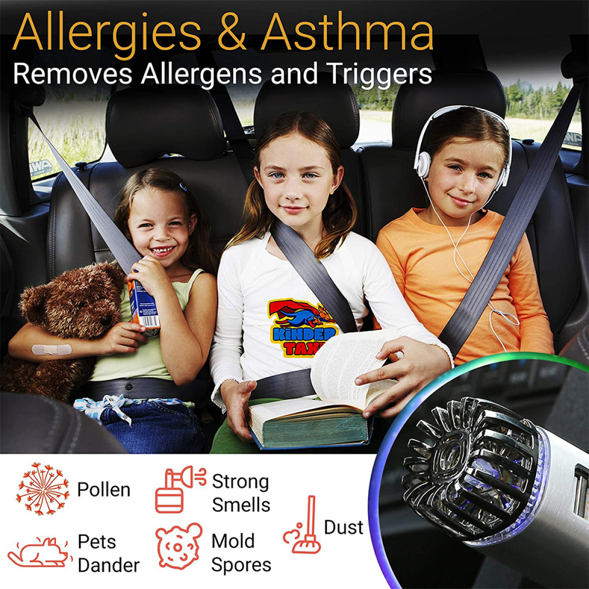 Drei Kinder im Auto, angeschnallt, mit Text zu Allergien und Auslösern.