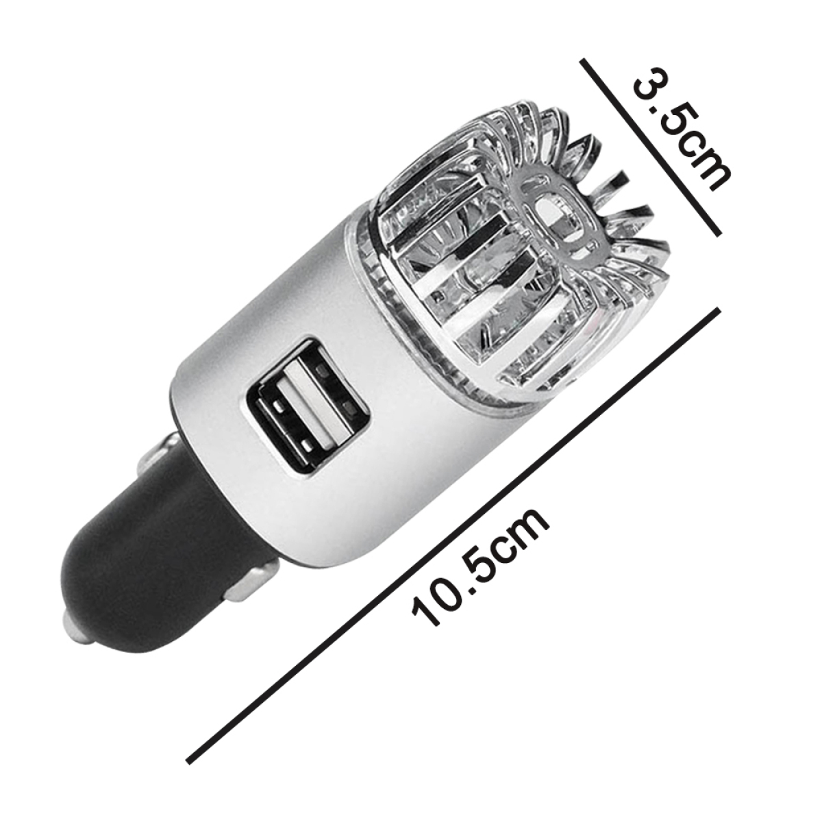 Silberner USB-Auto-Lufterfrischer mit 3,5 cm Oberseite und 10,5 cm Länge.