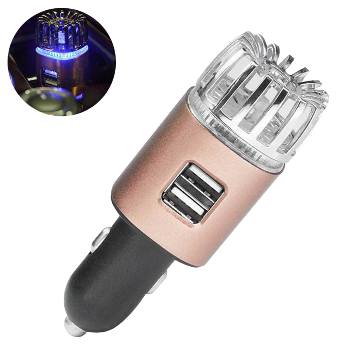 Ein Auto-Luftauslass-Diffusor mit zwei USB-Anschlüssen. Er ist roségold und schwarz, mit blauem Licht von oben.