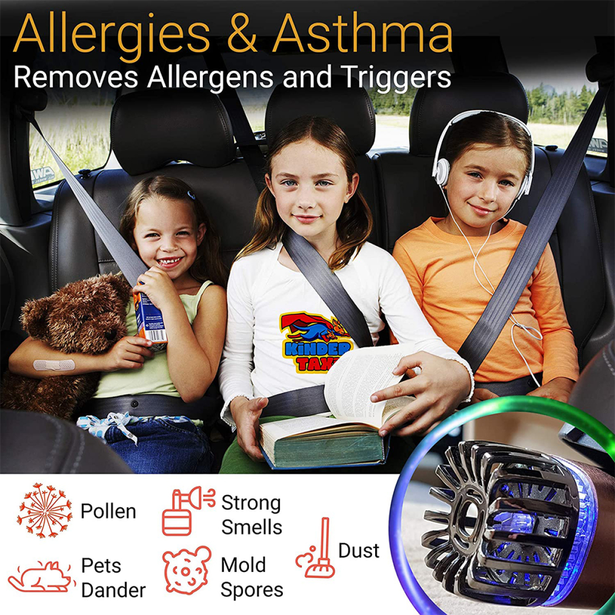 Drei Kinder in einem Auto, mit einem Luftreiniger. Text erwähnt Allergien & Asthma.