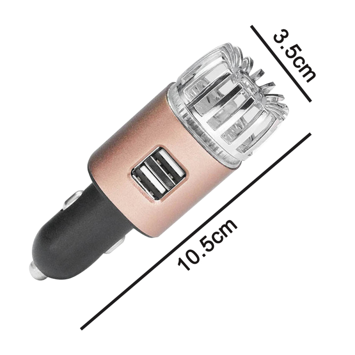 Auto-Lufterfrischer: Gold und transparent, mit USB-Anschlüssen. Abmessungen: 10,5 cm x 3,5 cm.
