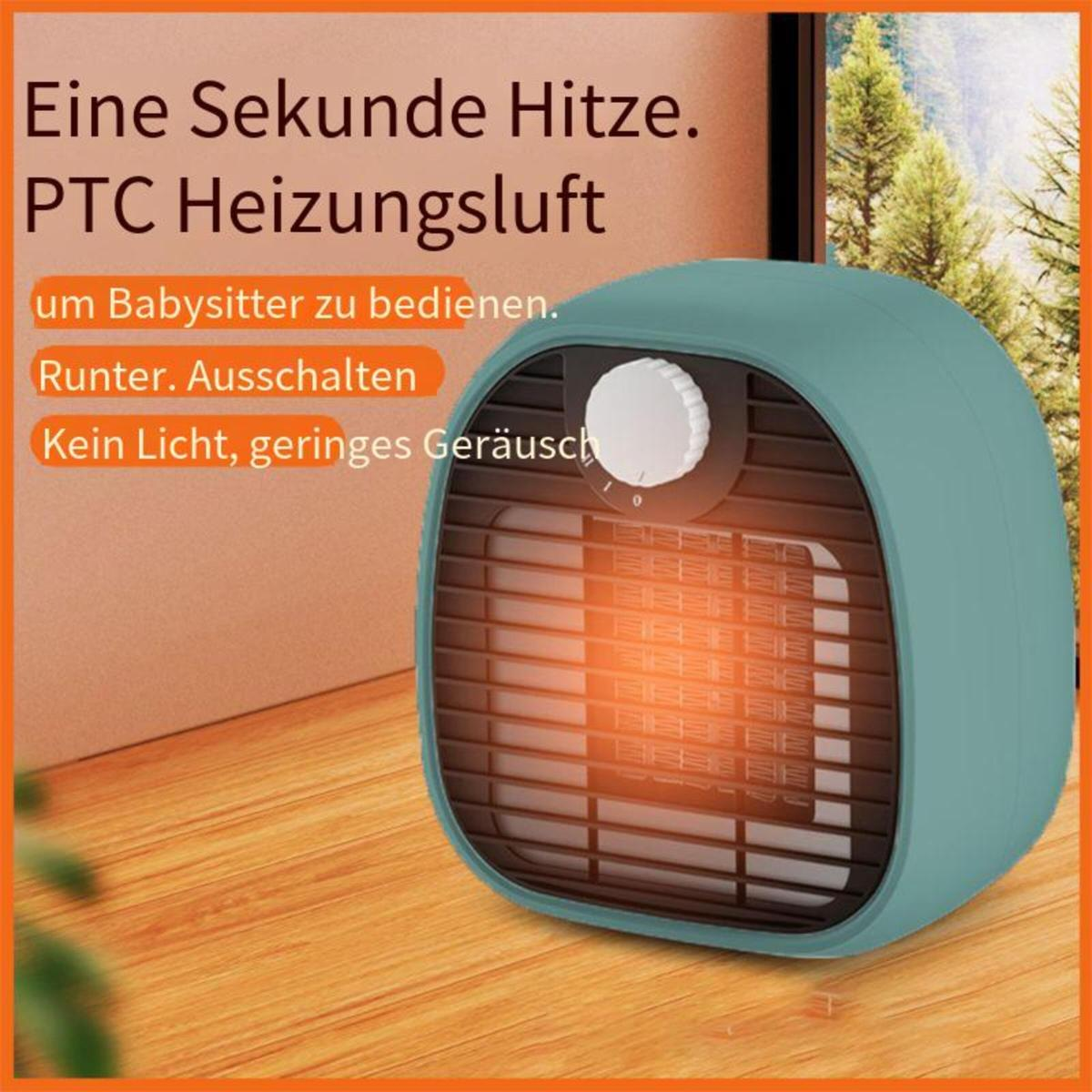 Ein türkisfarbener Heizlüfter mit weißem Drehregler. Glühendes orangefarbenes Heizelement. Text auf Deutsch.