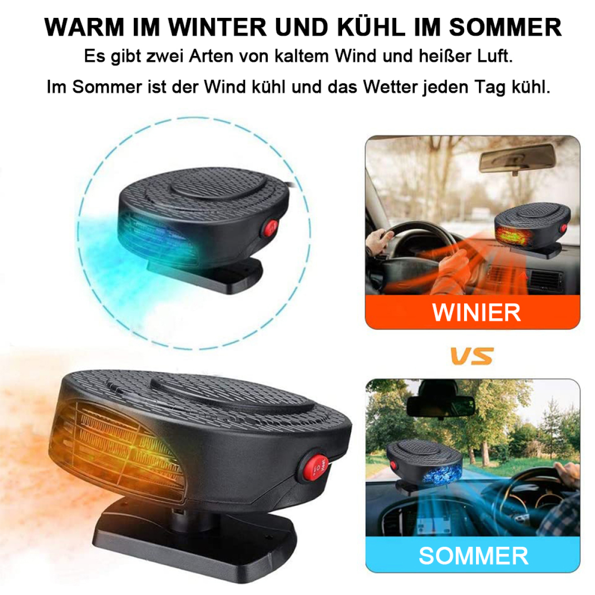 Autoheizung mit zwei Bildern eines Armaturenbretts und der Heizung in verschiedenen Einstellungen.
