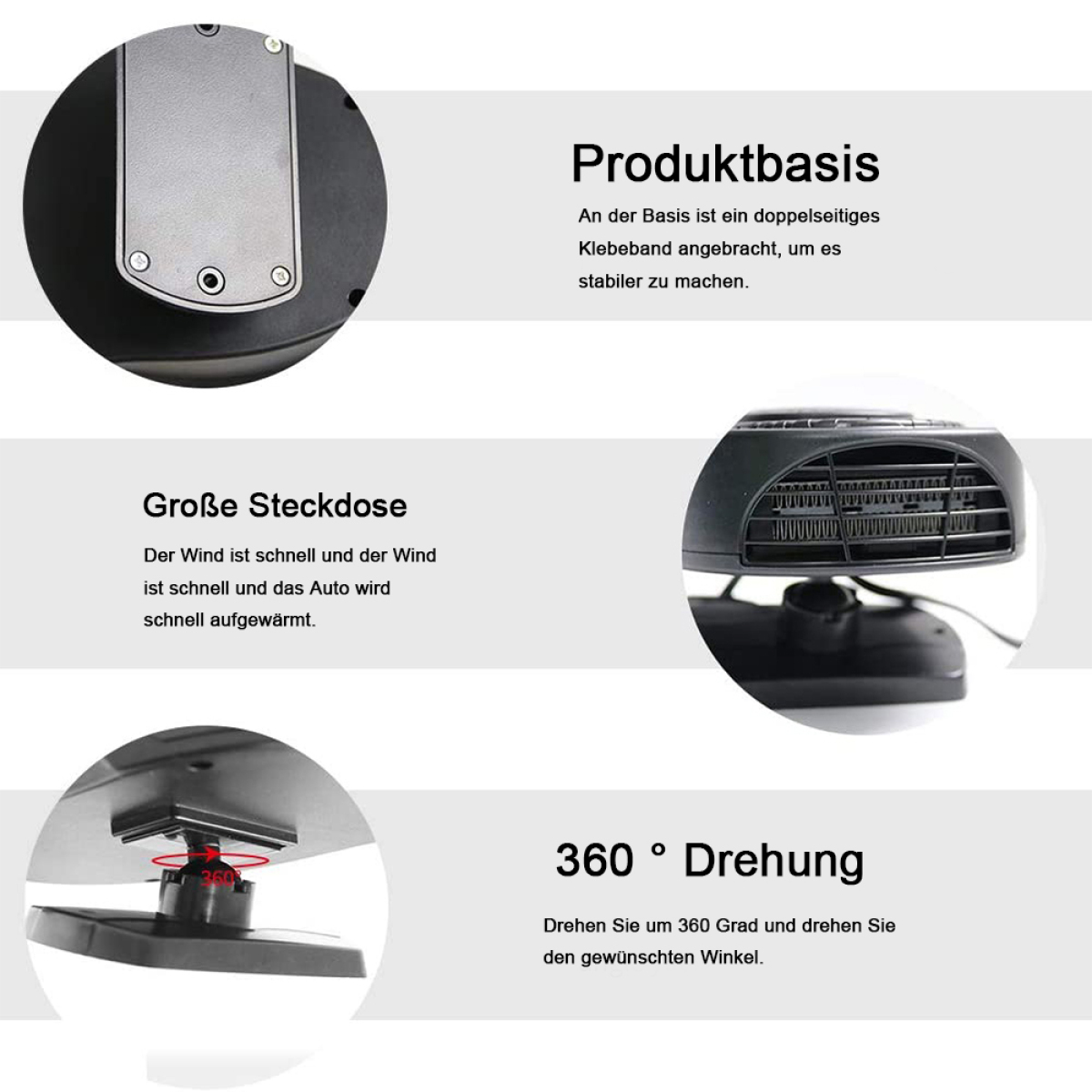 Bild zeigt Produktmerkmale mit Text: 360° Drehung, große Steckdose und doppelseitige Klebebandbasis.