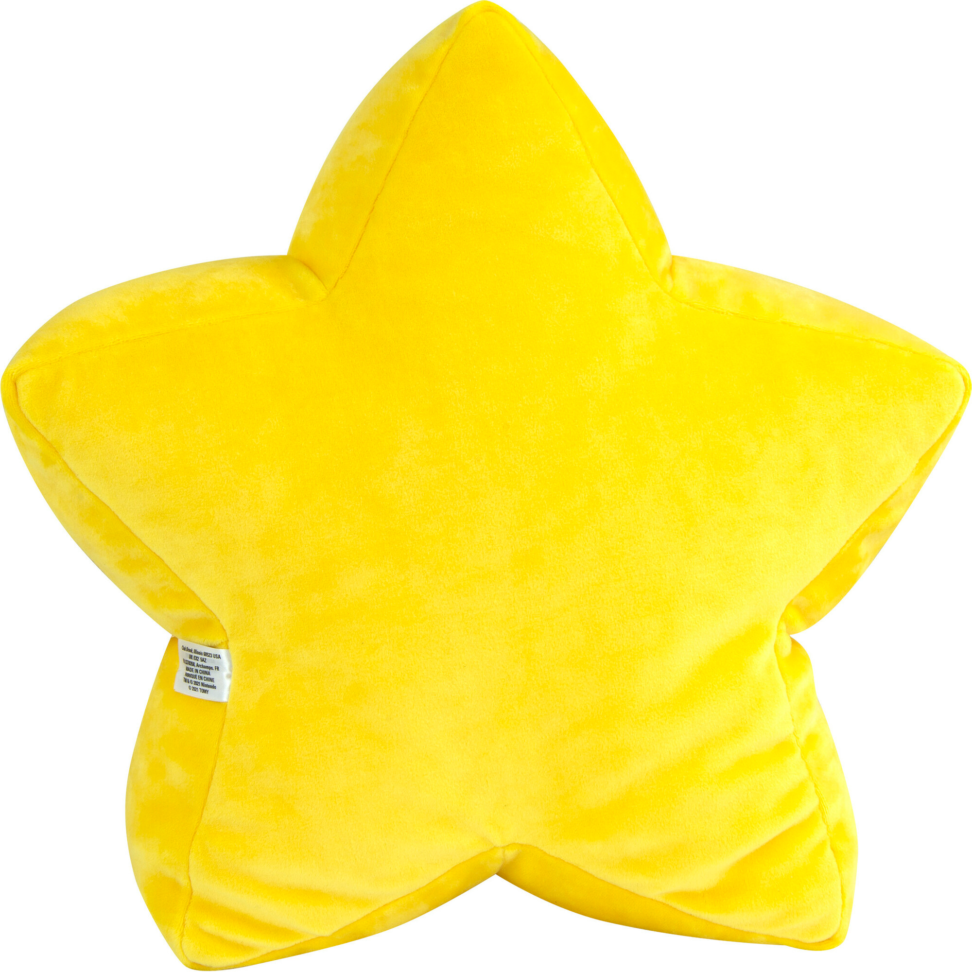 Un grande cuscino giallo a forma di stella con un'etichetta sul lato.