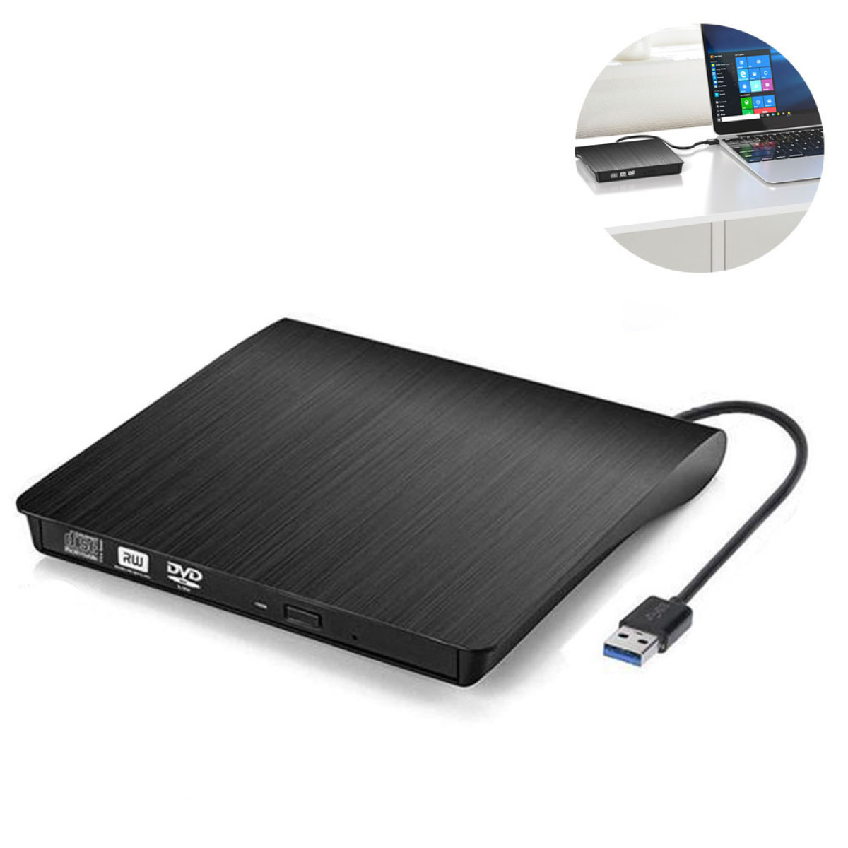 Schwarzes externes DVD-Laufwerk mit USB-Kabel, das an einen Laptop angeschlossen ist.