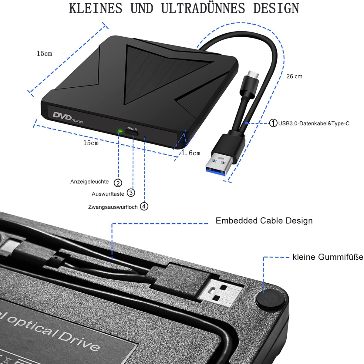 Schwarzes externes DVD-Laufwerk mit USB-Kabel. Abmessungen und Beschriftung sind angegeben. Weißer Hintergrund.