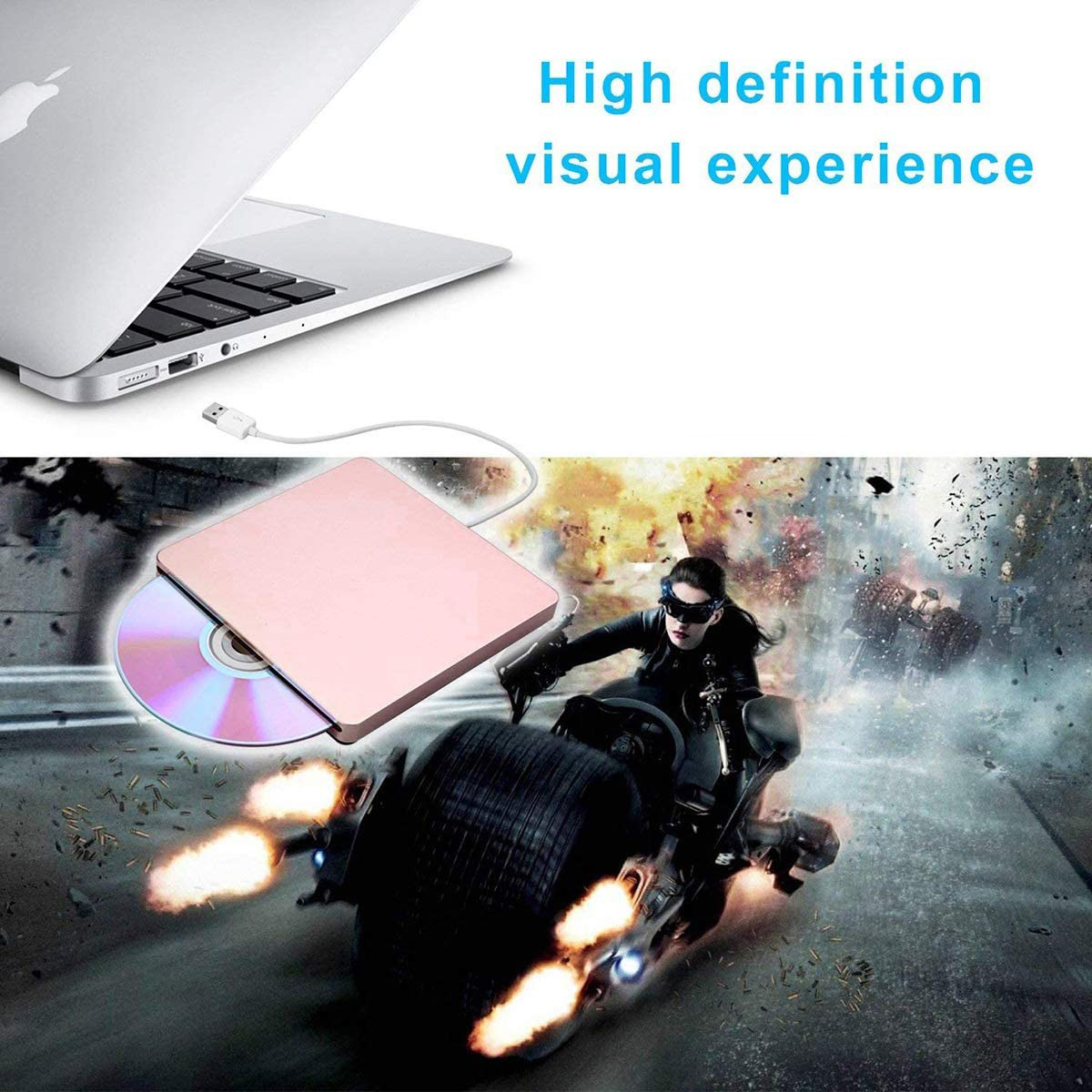 Ein Laptop mit DVD-Player und eine Frau, die Motorrad fährt, auf Hintergrund.