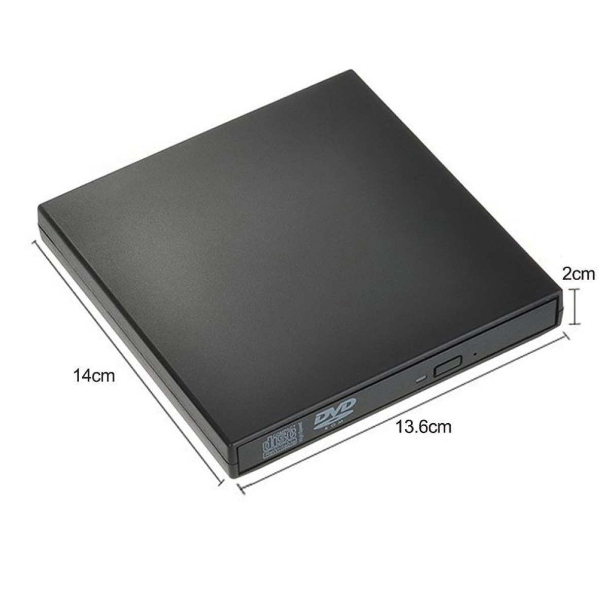 Schwarzes DVD-Laufwerk mit Abmessungen: 14x13,6x2 cm.