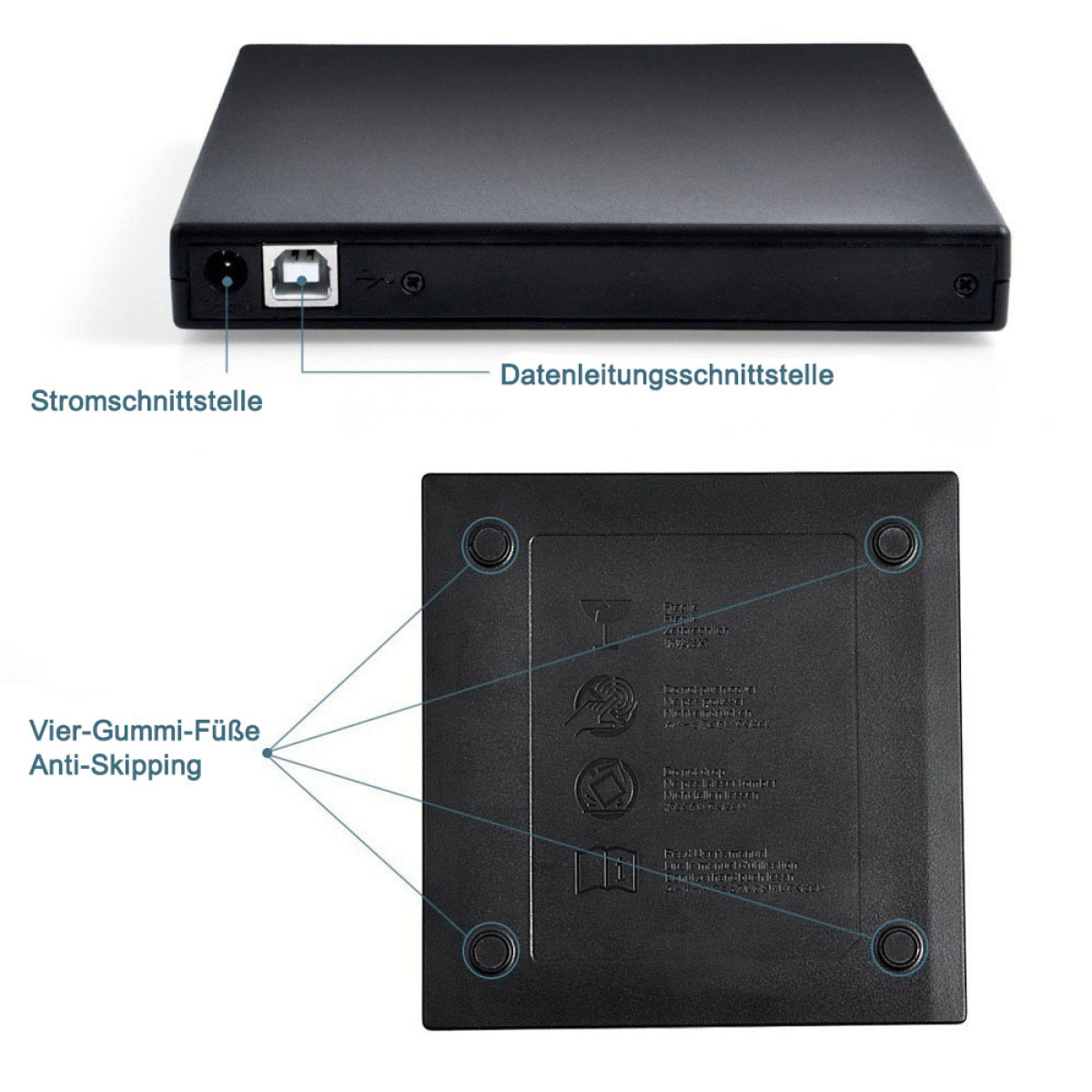 Schwarze externe Festplatte mit USB-Anschluss und Stromeingang. Unteransicht zeigt Gummifüße.