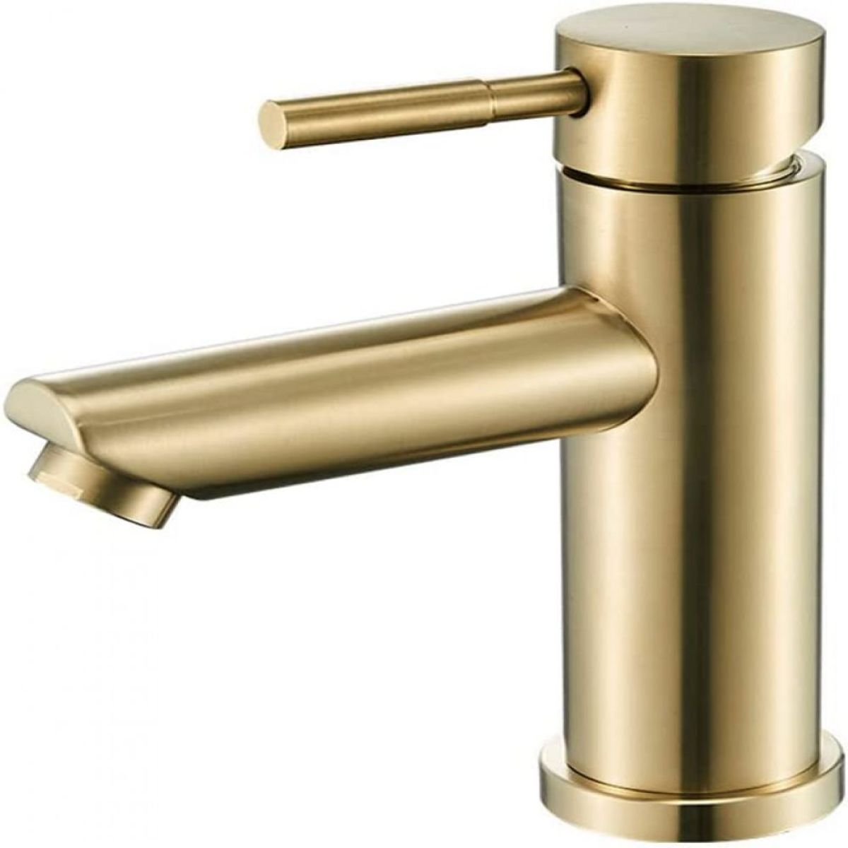 Goldfarbener Wasserhahn mit Einhebelmischer. Der Wasserhahn hat einen zylindrischen Sockel und Auslauf.