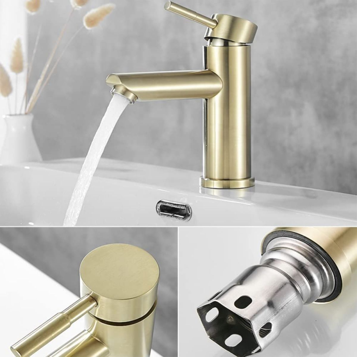 Goldener Wasserhahn mit fließendem Wasser, Nahaufnahme von Griff und Innenmechanismus.