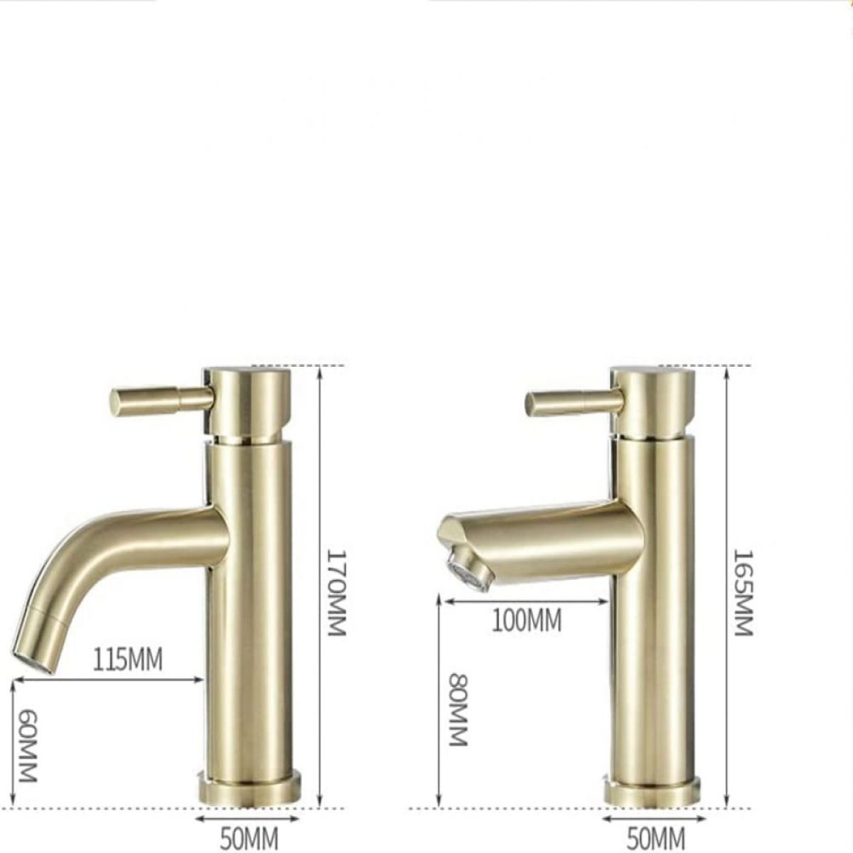 Zwei goldfarbene Wasserhähne mit Maßen. Der linke ist 115 mm lang, 60 mm hoch und 170 mm hoch. Der rechte ist 100 mm lang, 80 mm hoch und 165 mm hoch.