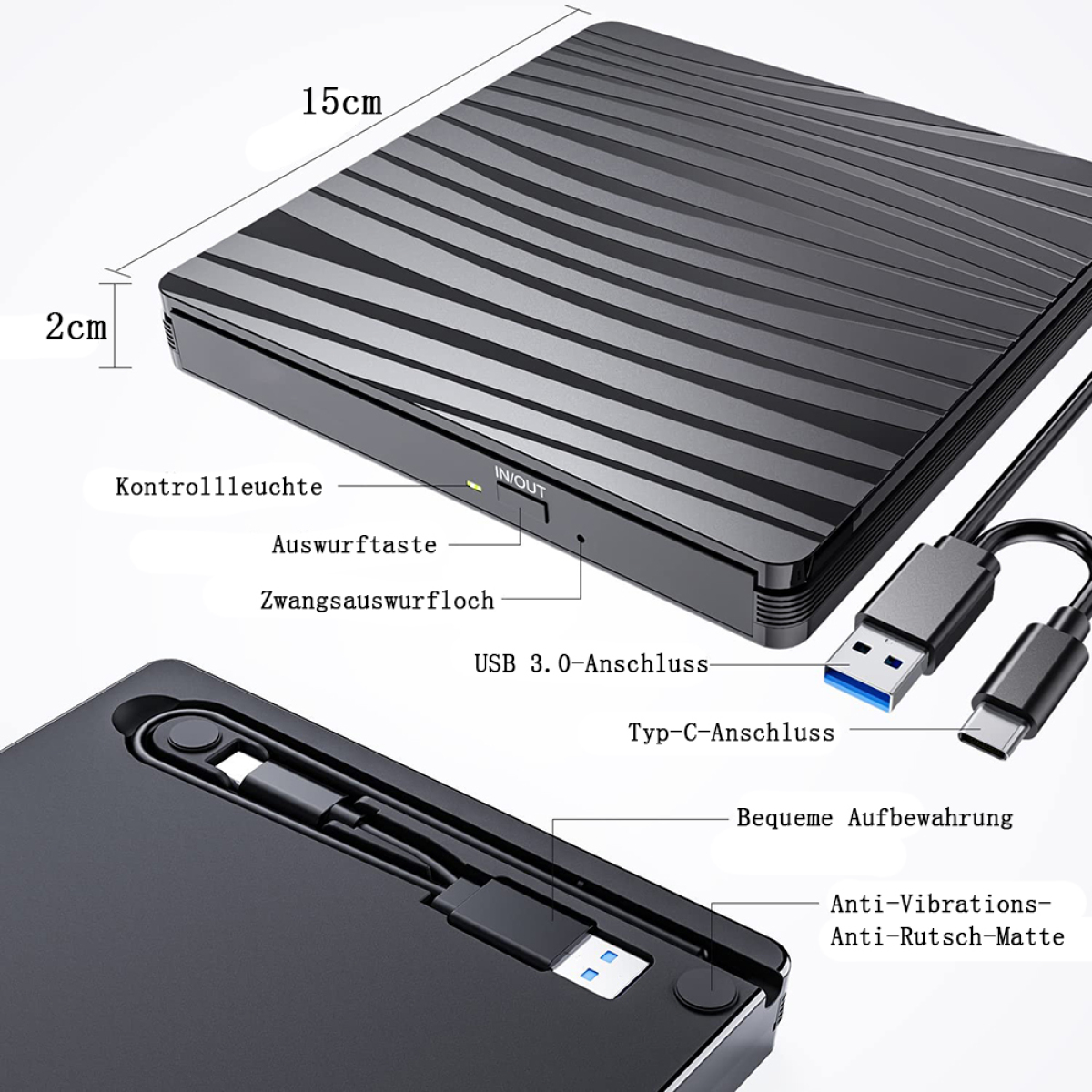 Ein schwarzer DVD-Player mit USB- und Typ-C-Anschlüssen. Beschriftete Anschlüsse und Abmessungen.