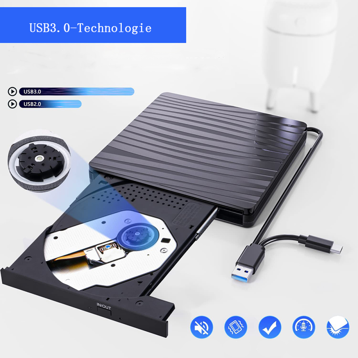 Ein schwarzes DVD/CD-Laufwerk mit offenem Fach und USB-Kabeln, mit USB 3.0-Technologie.