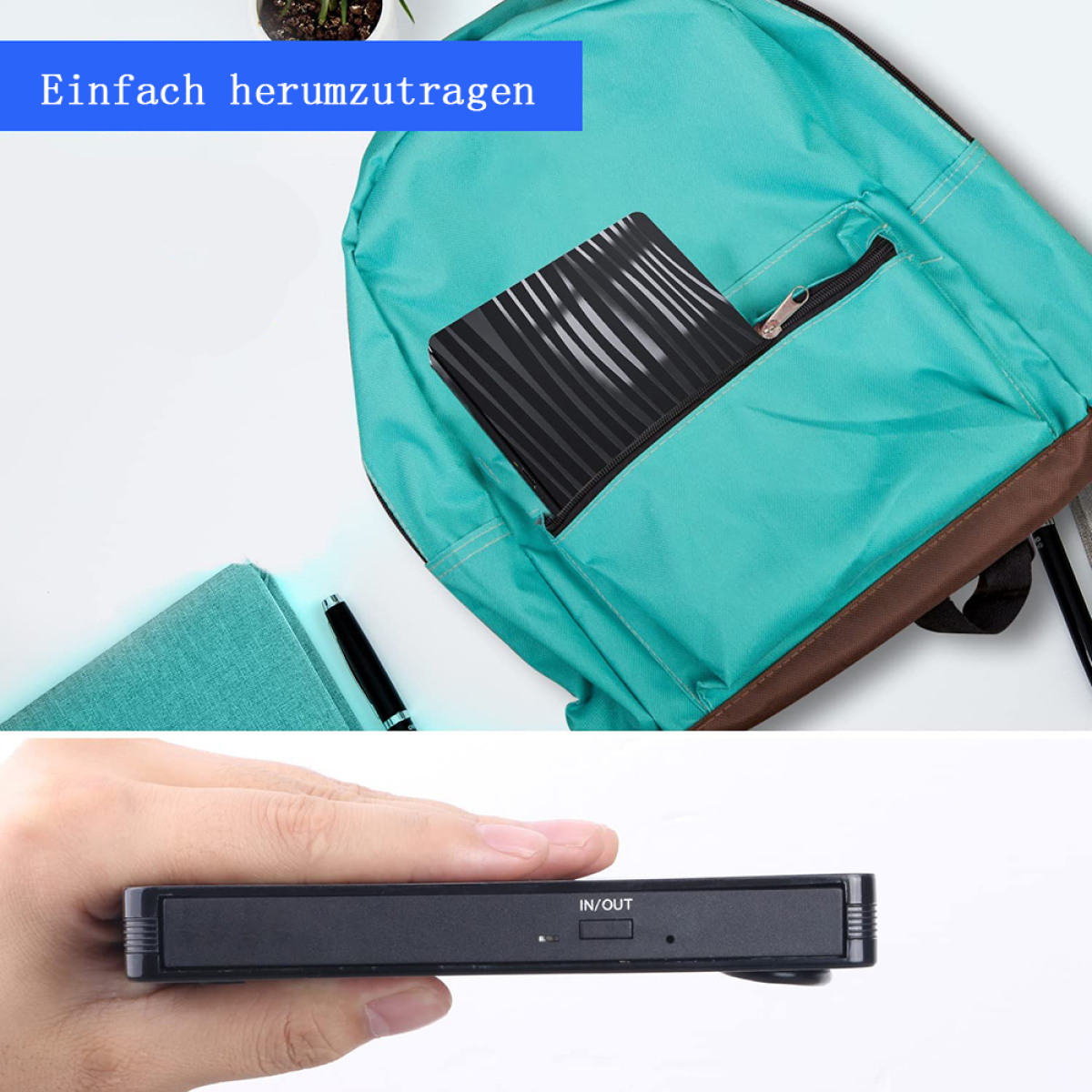 Schwarzes, tragbares Laufwerk in einer Rucksacktasche. Text: Einfach zu transportieren.