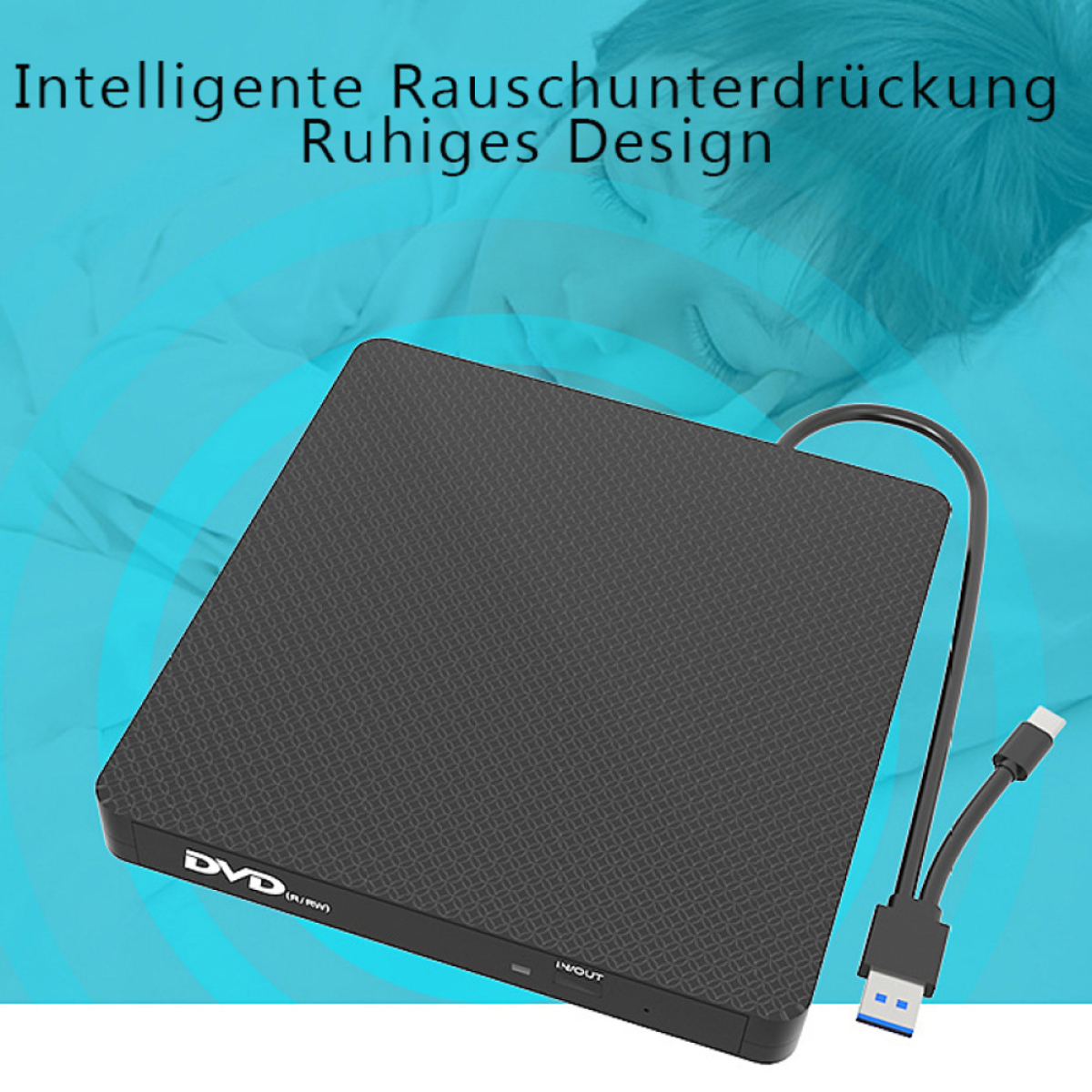 Schwarzer DVD-Brenner mit USB-Kabel. Die Hand einer Person hält das Kabel. Textüberlagerungen sind sichtbar.