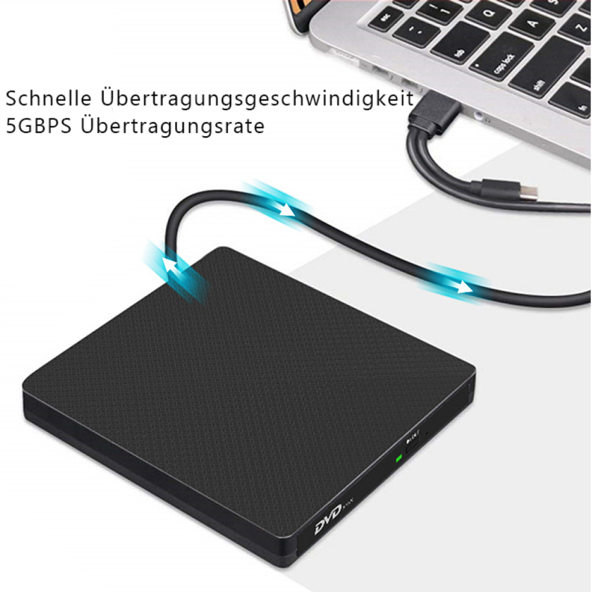 Ein schwarzes DVD-Laufwerk, das über ein USB-Kabel mit einem Laptop verbunden ist. Pfeile zeigen die Datenübertragung an.