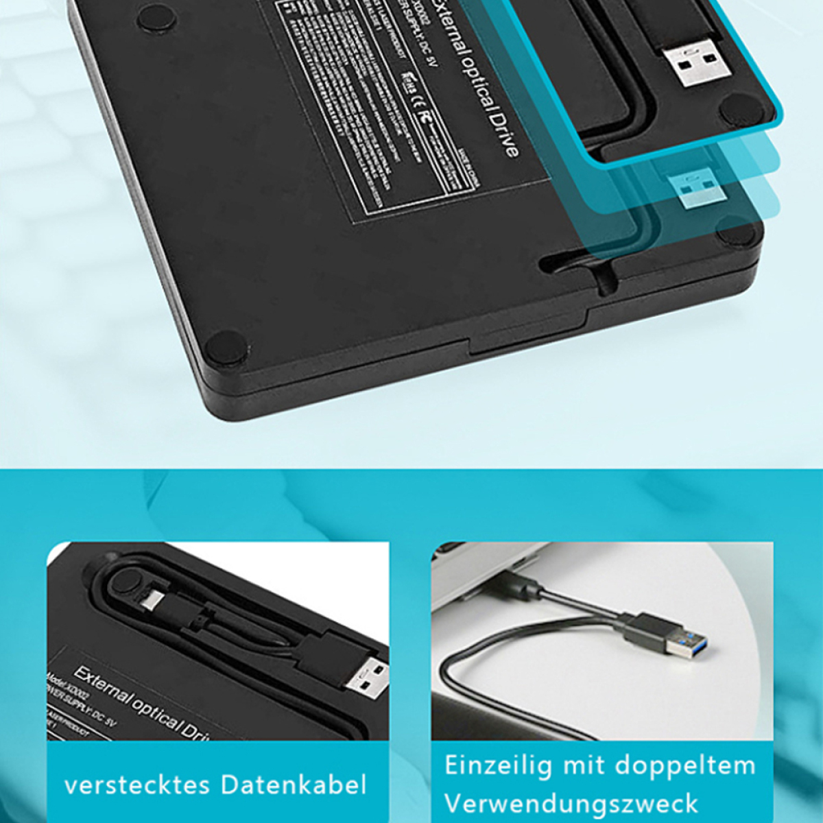 Schwarze externe Festplatte mit USB-Kabel und ihren Komponenten. Die Festplatte hat ein Etikett.