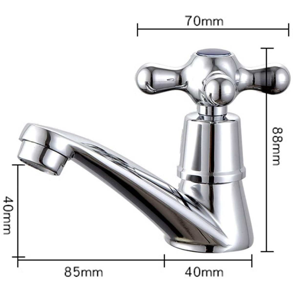 Chrom-Wasserhahn mit Kreuzgriffen und Maßangaben auf weißem Hintergrund.